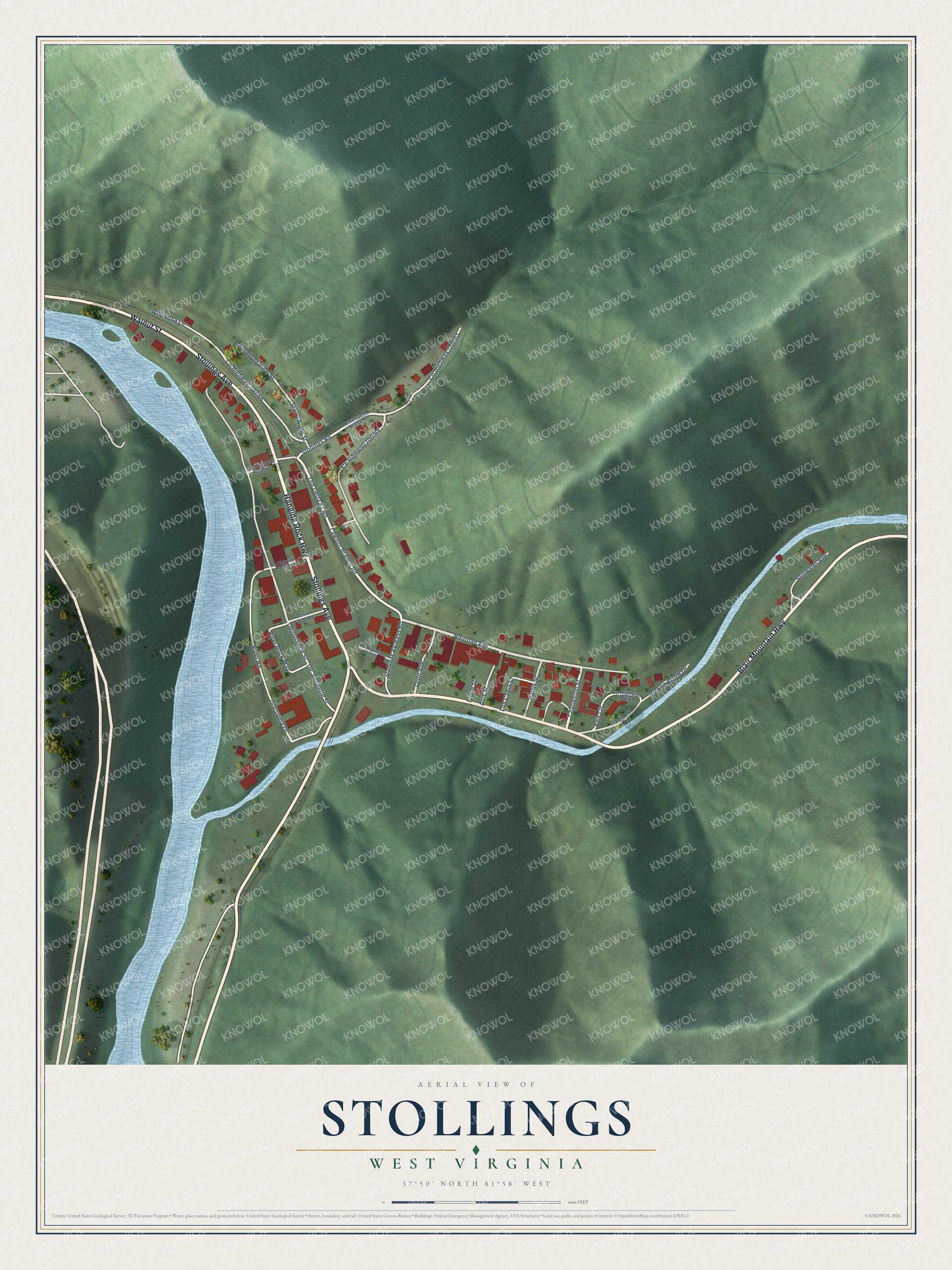 Full map of Stollings, West Virginia, with red buildings, printed street names and the land around them