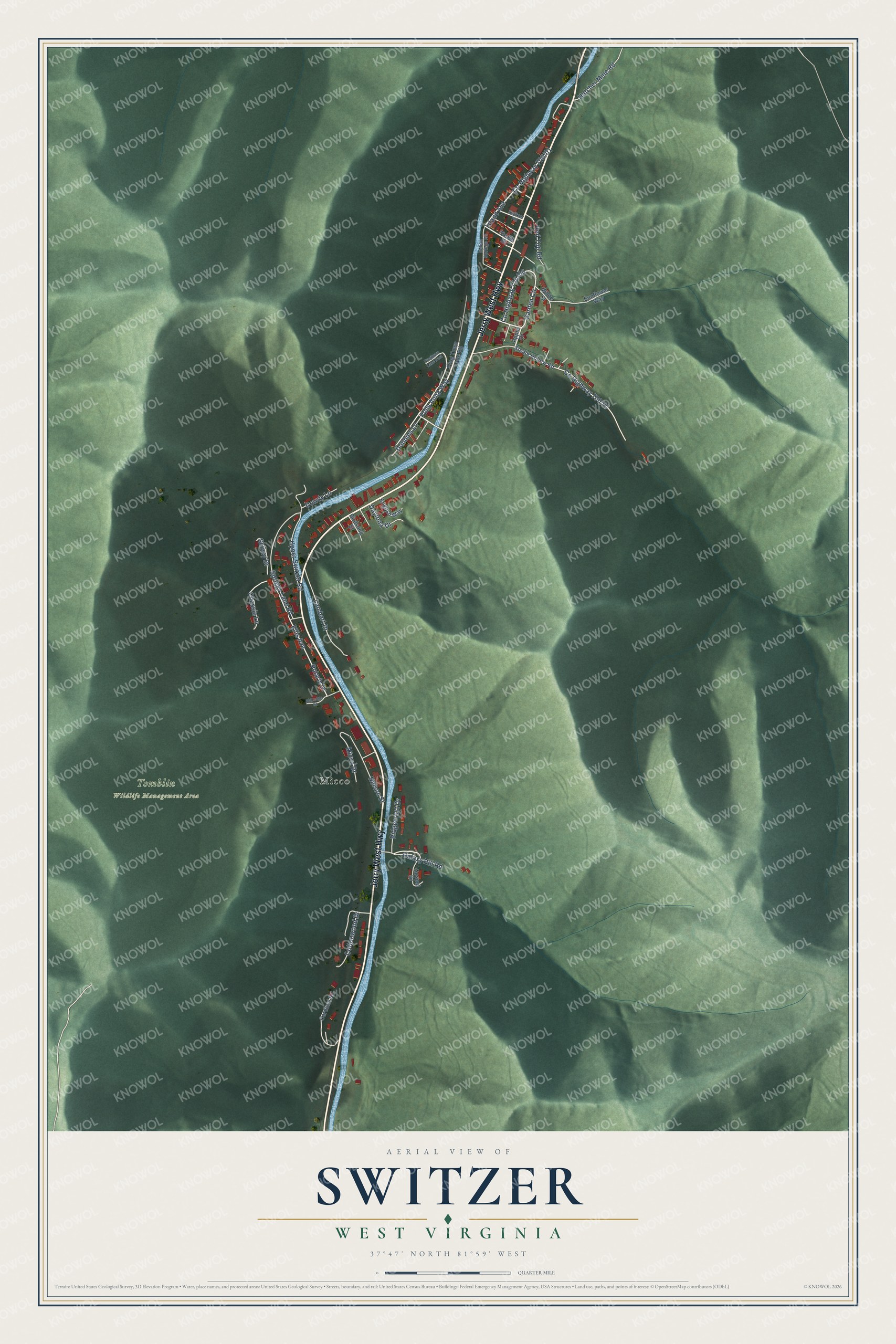 Full map of Switzer, West Virginia, with red buildings, printed street names and the land around them