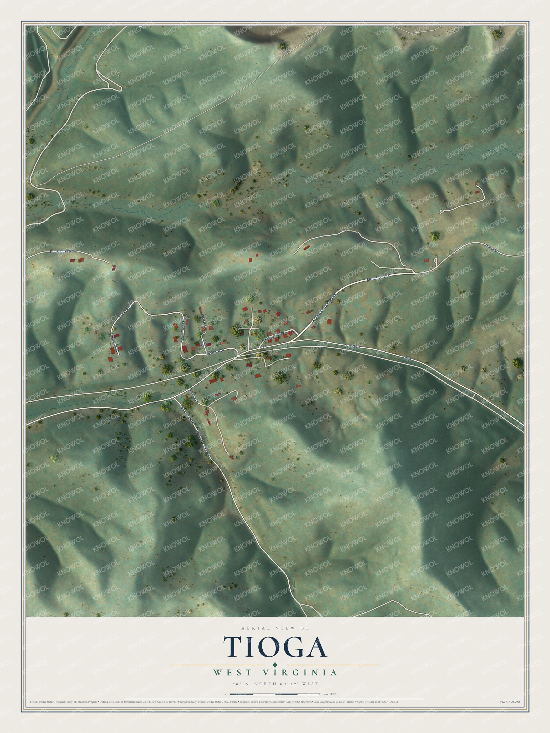 Full map of Tioga, West Virginia, with red buildings, printed street names and the land around them