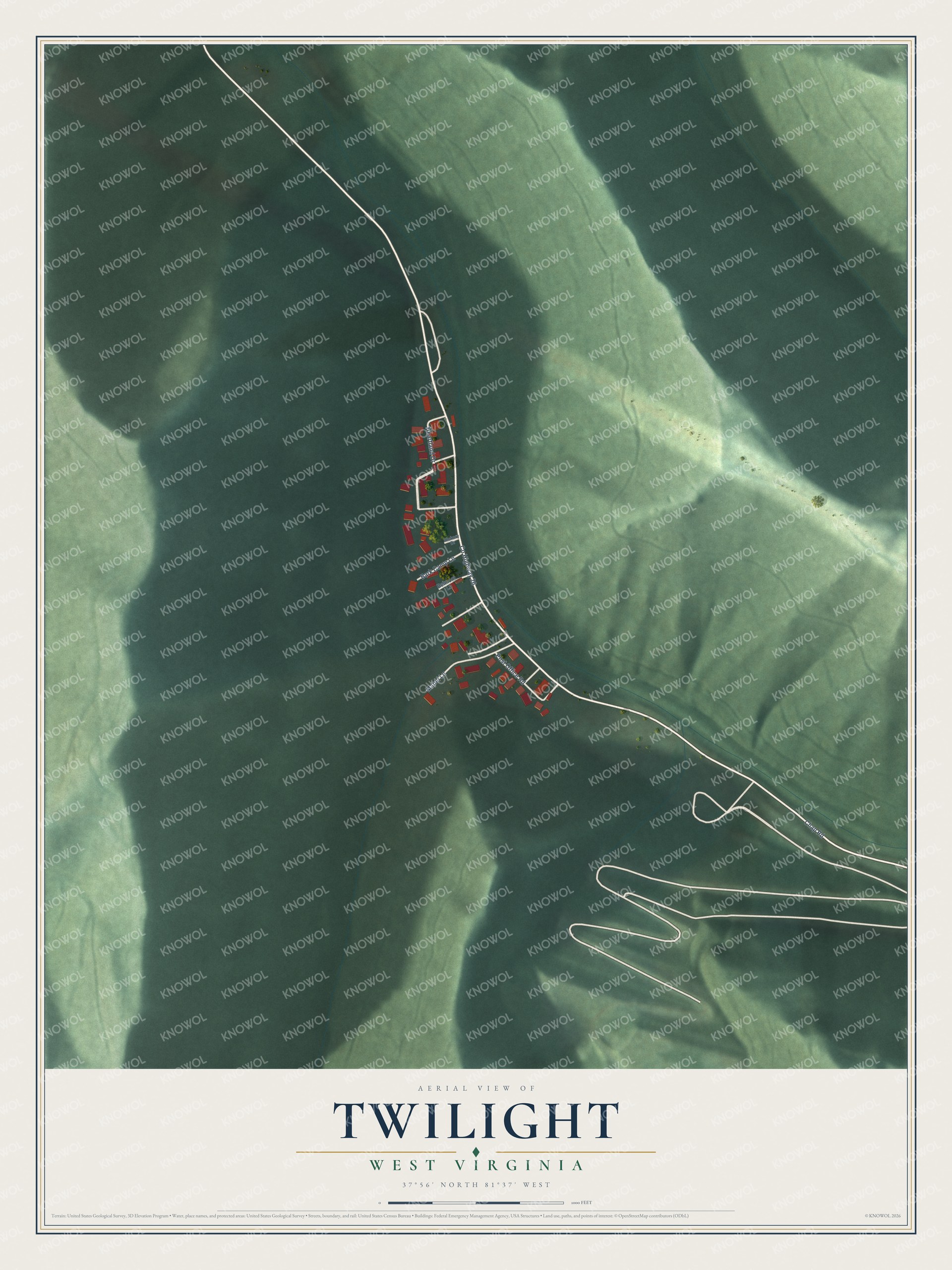 Full map of Twilight, West Virginia, with red buildings, printed street names and the land around them