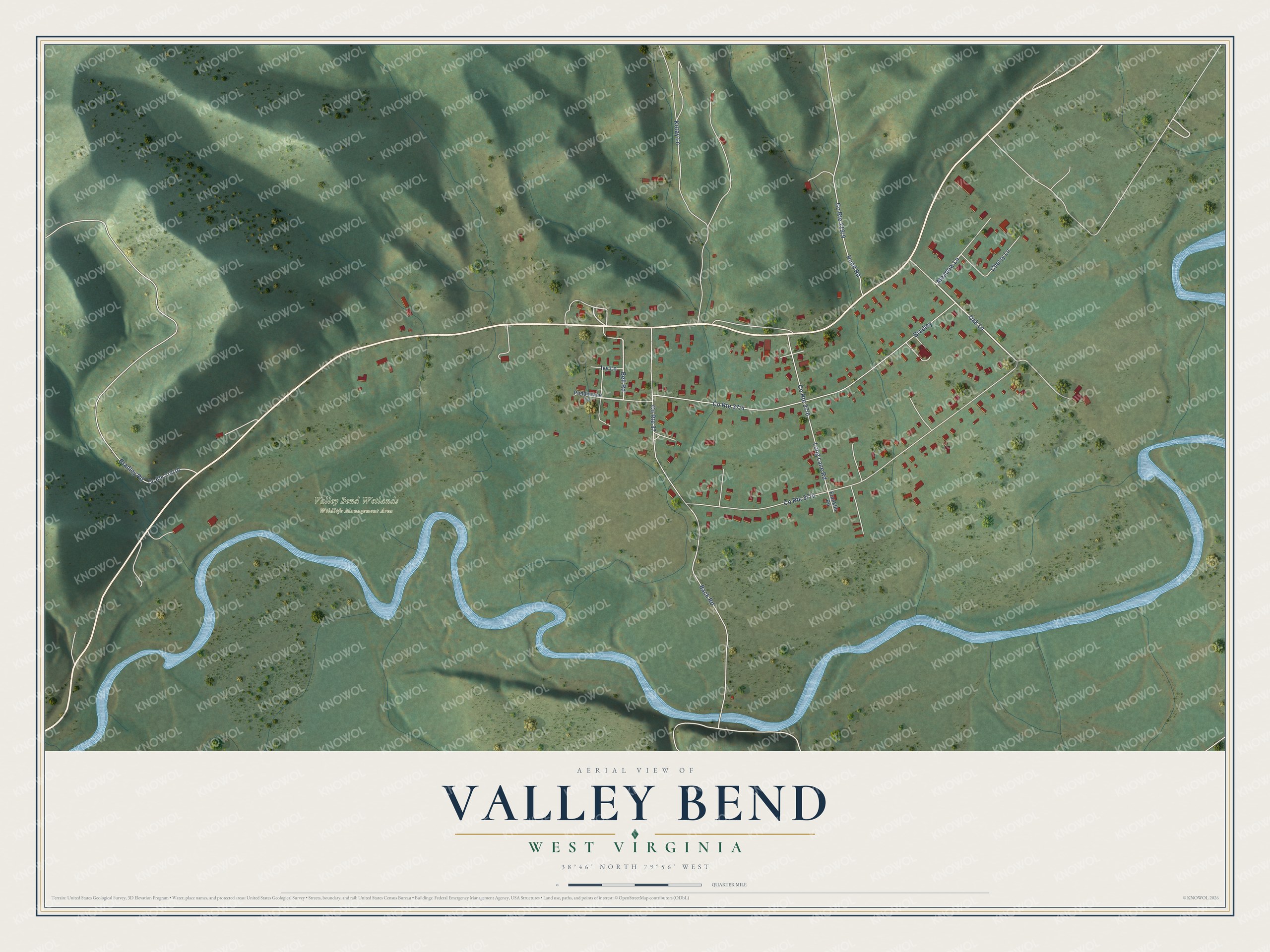 Full map of Valley Bend, West Virginia, with red buildings, printed street names and the land around them