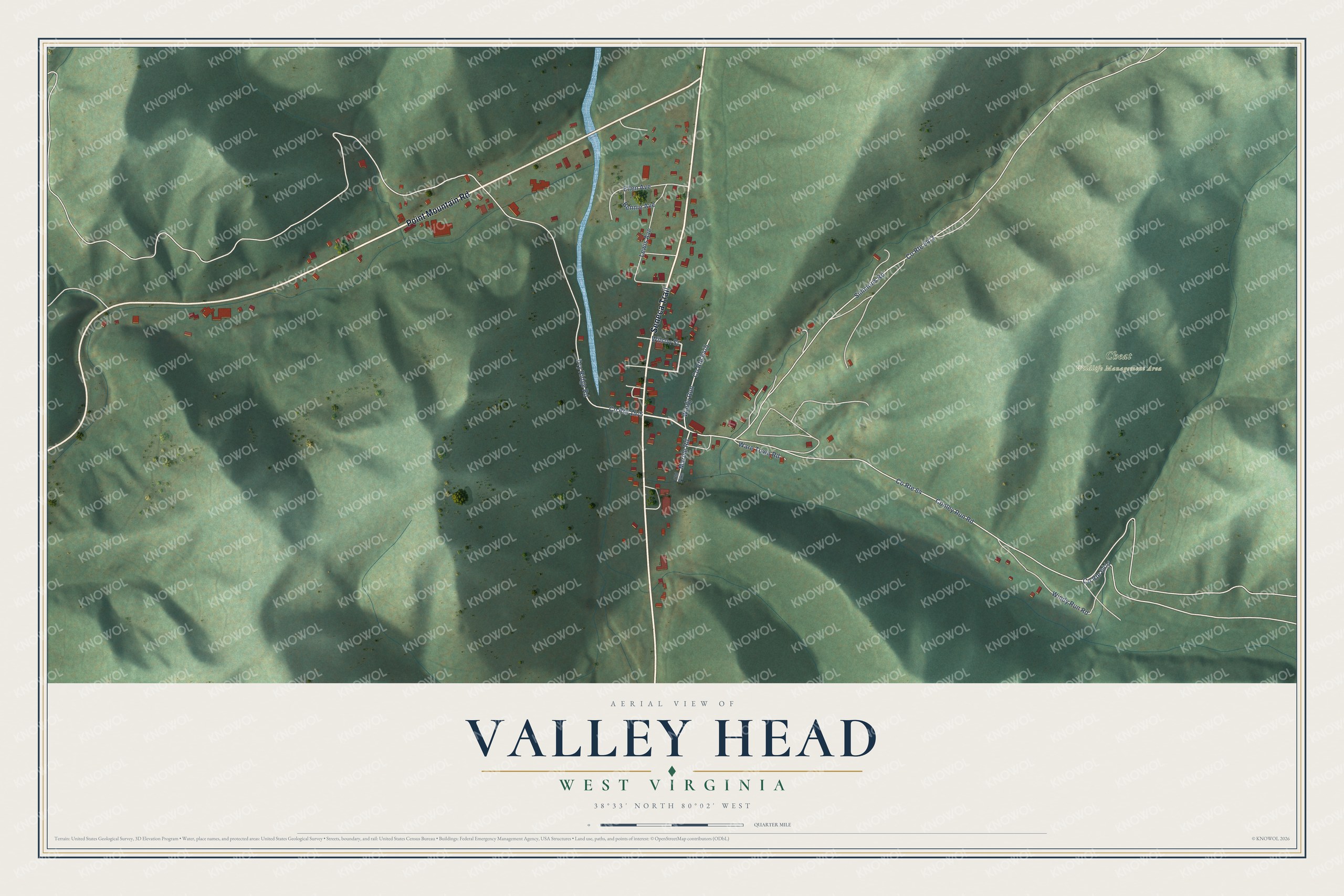Full map of Valley Head, West Virginia, with red buildings, printed street names and the land around them