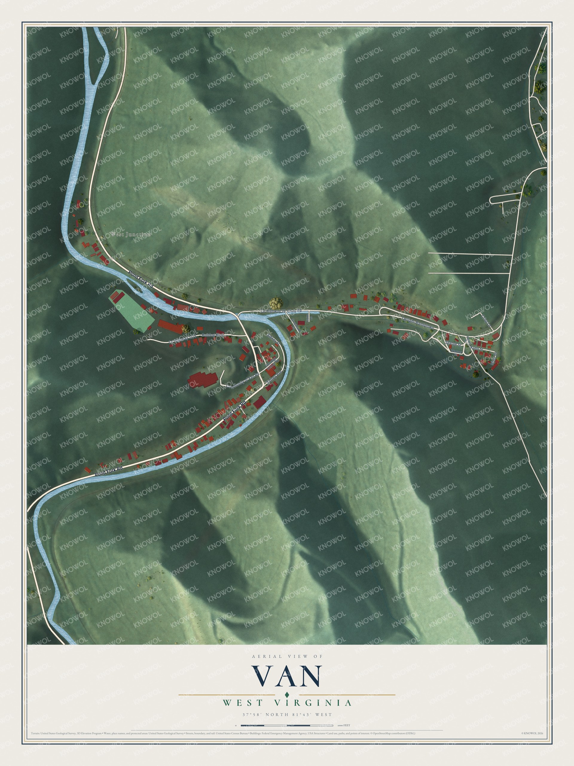 Full map of Van, West Virginia, with red buildings, printed street names and the land around them