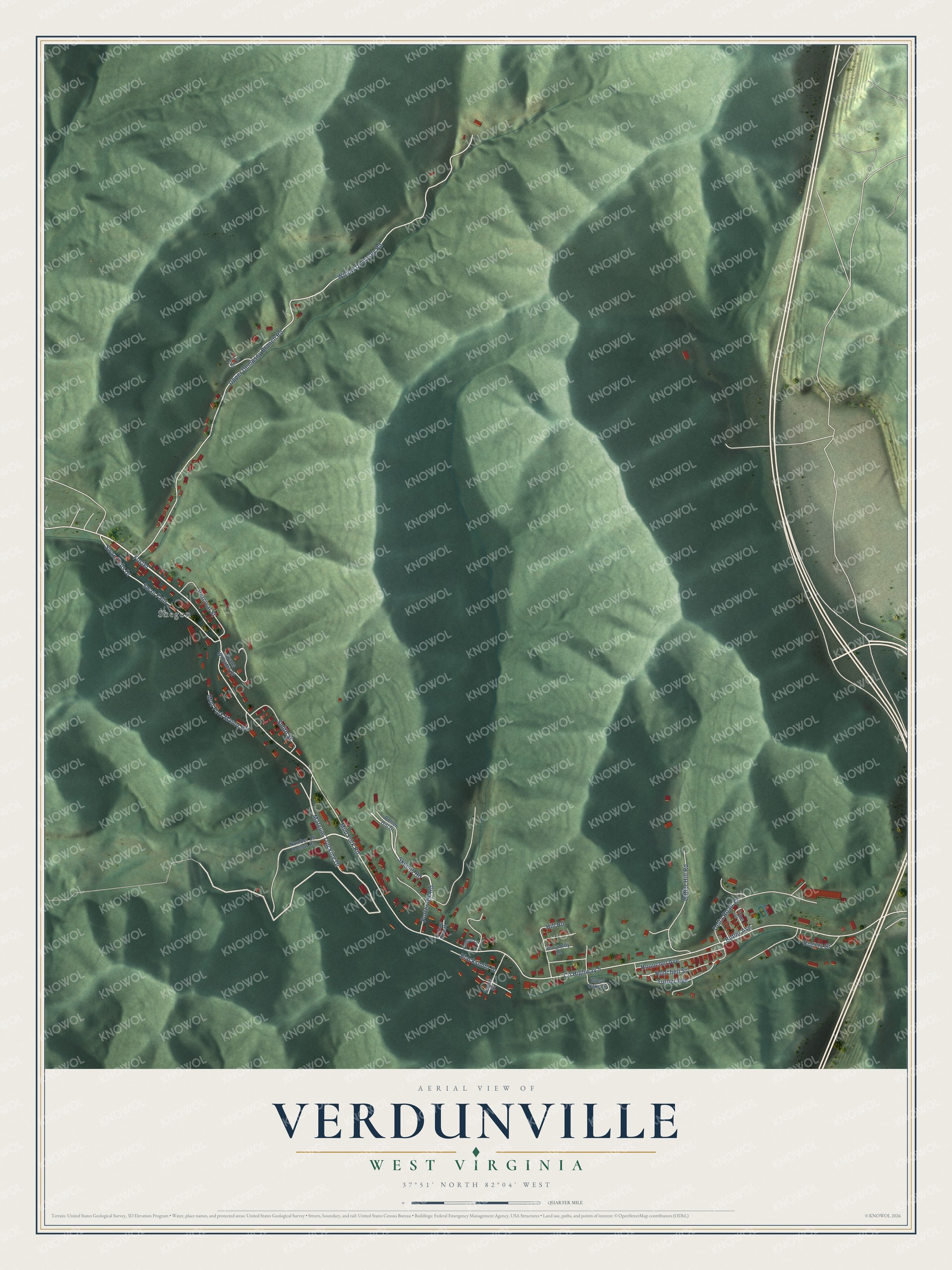 Full map of Verdunville, West Virginia, with red buildings, printed street names and the land around them