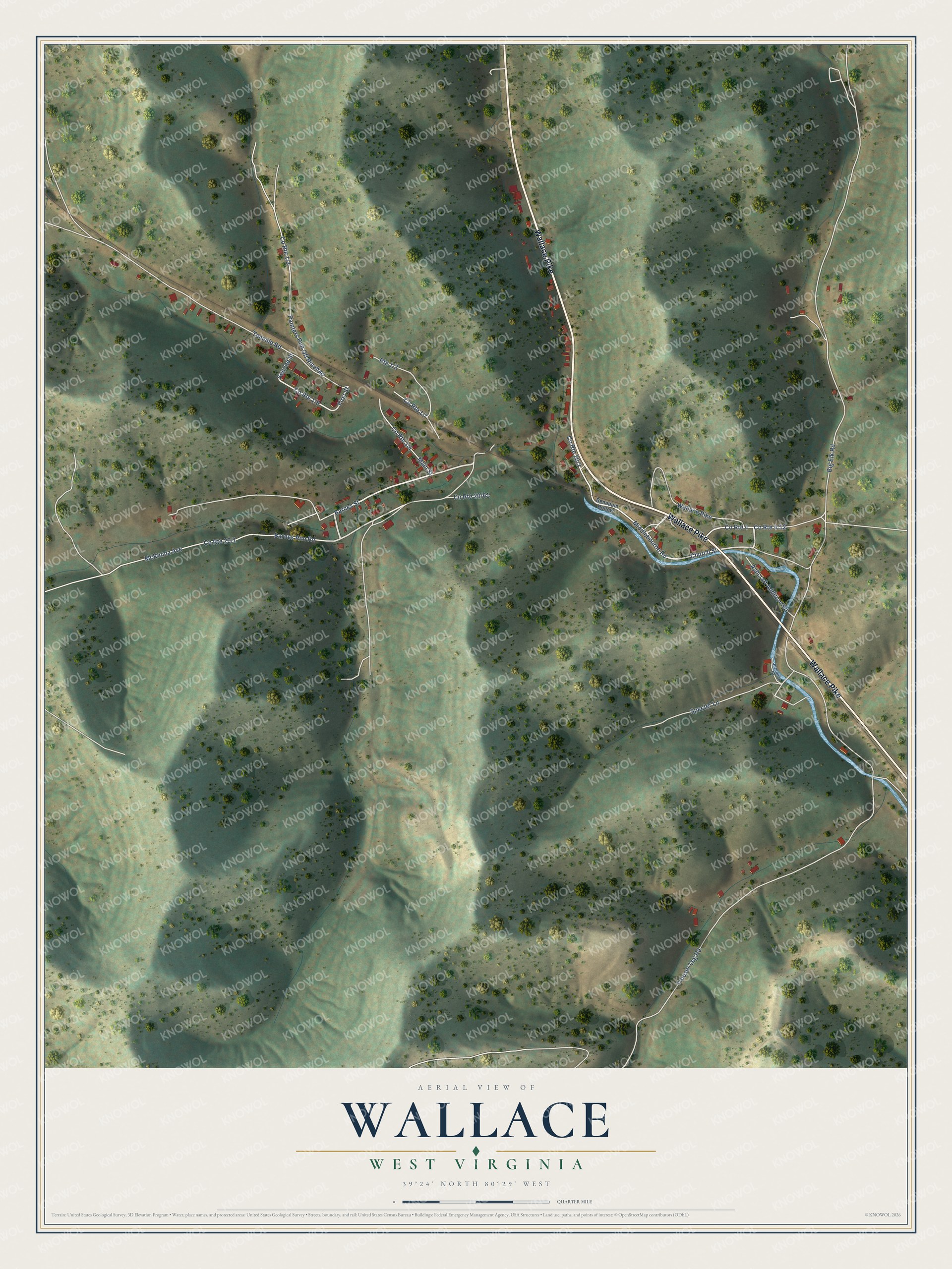 Full map of Wallace, West Virginia, with red buildings, printed street names and the land around them