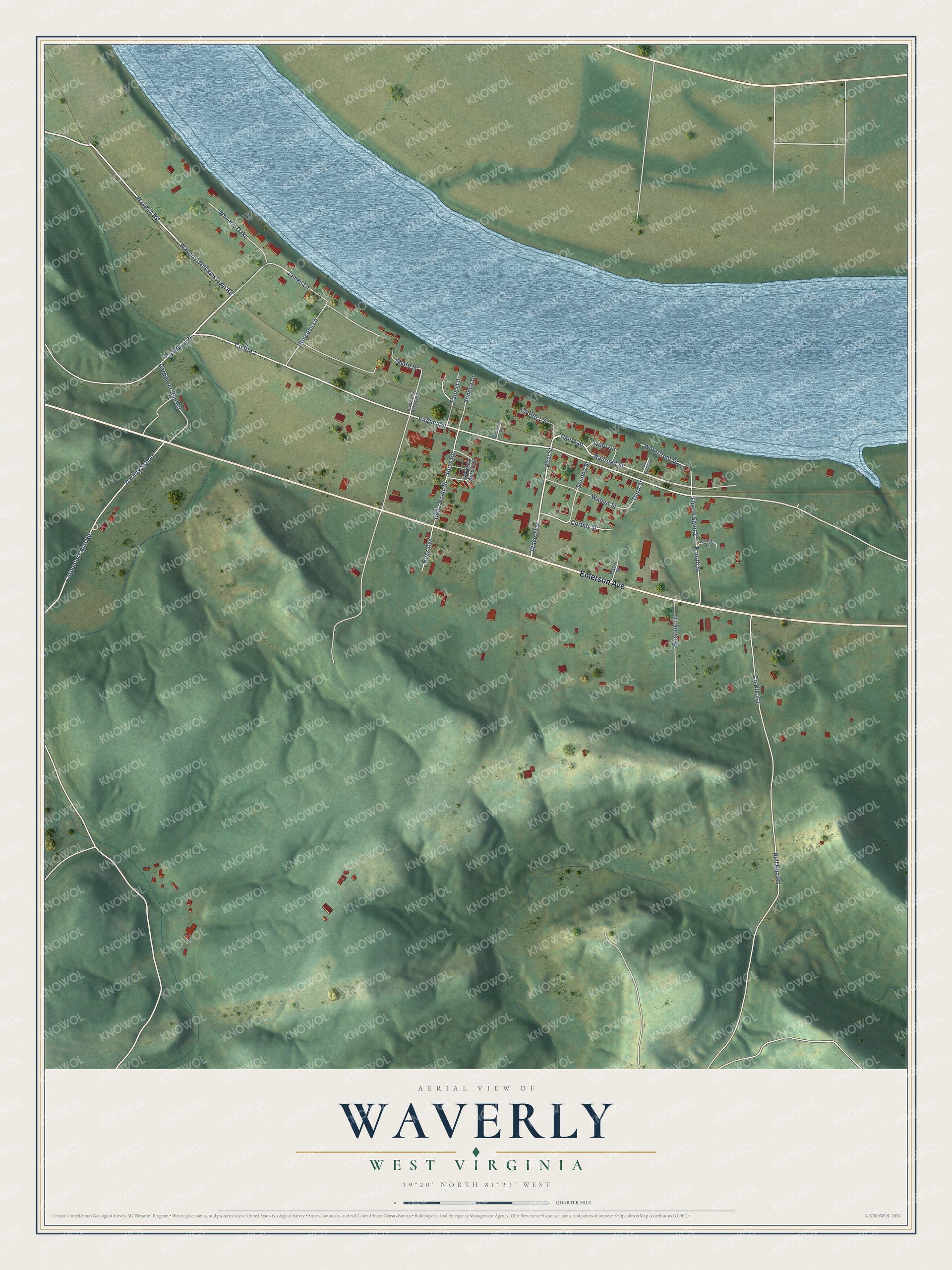 Full map of Waverly, West Virginia, with red buildings, printed street names and the land around them