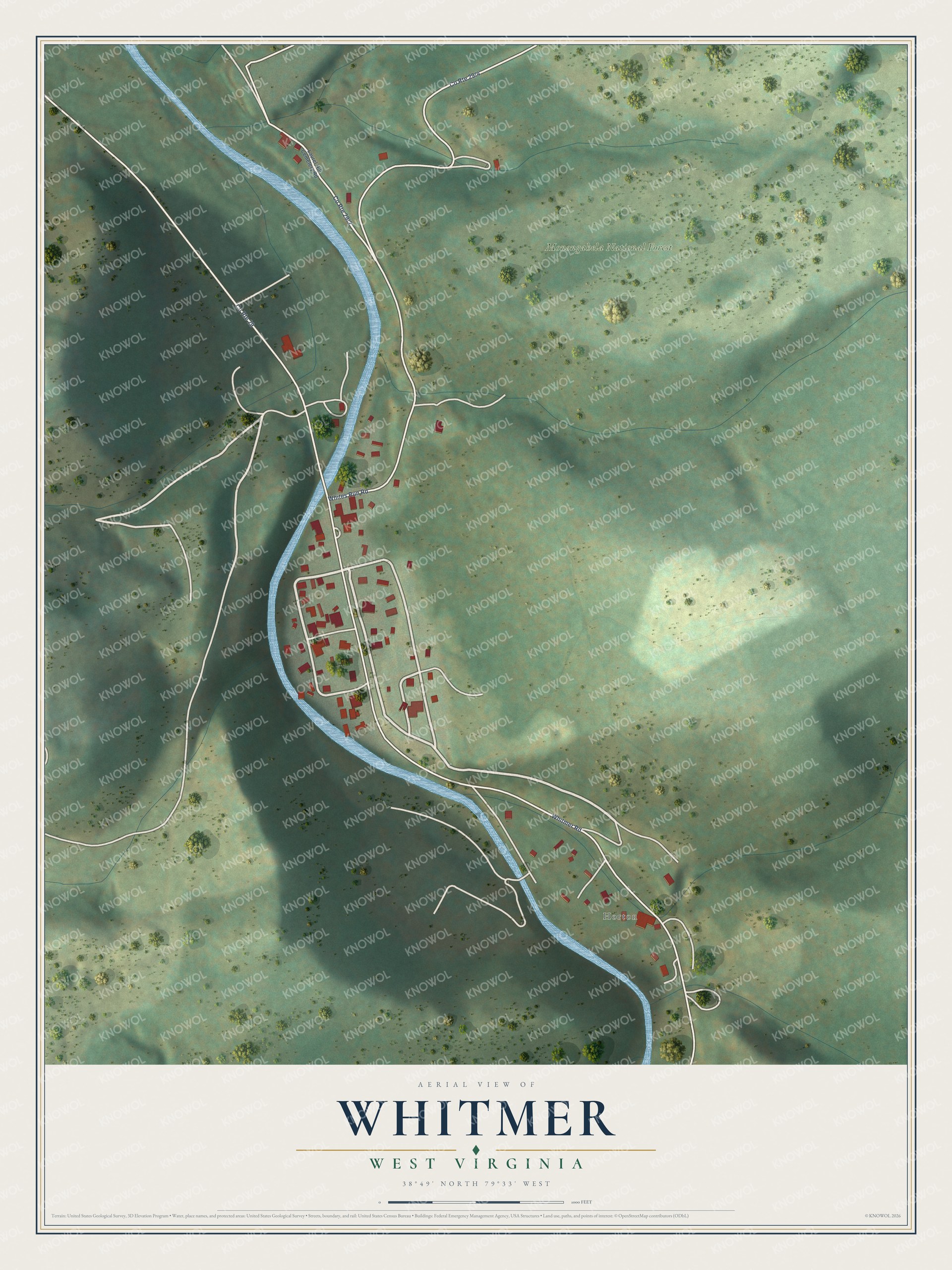 Full map of Whitmer, West Virginia, with red buildings, printed street names and the land around them