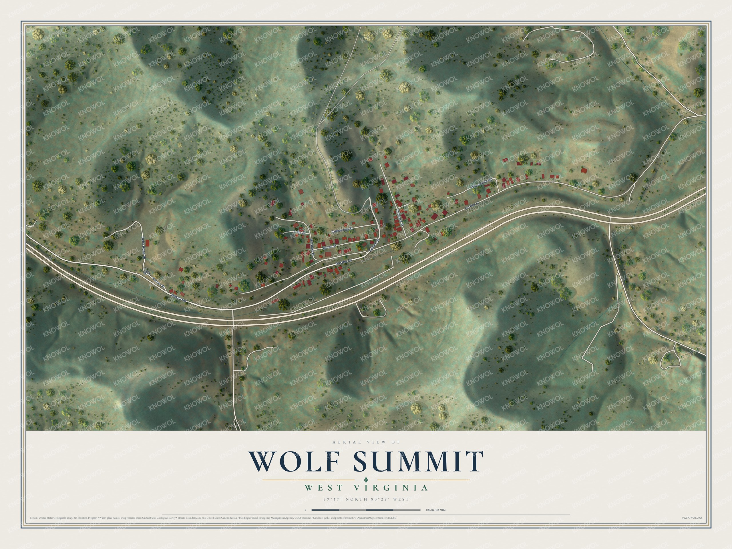 Full map of Wolf Summit, West Virginia, with red buildings, printed street names and the land around them