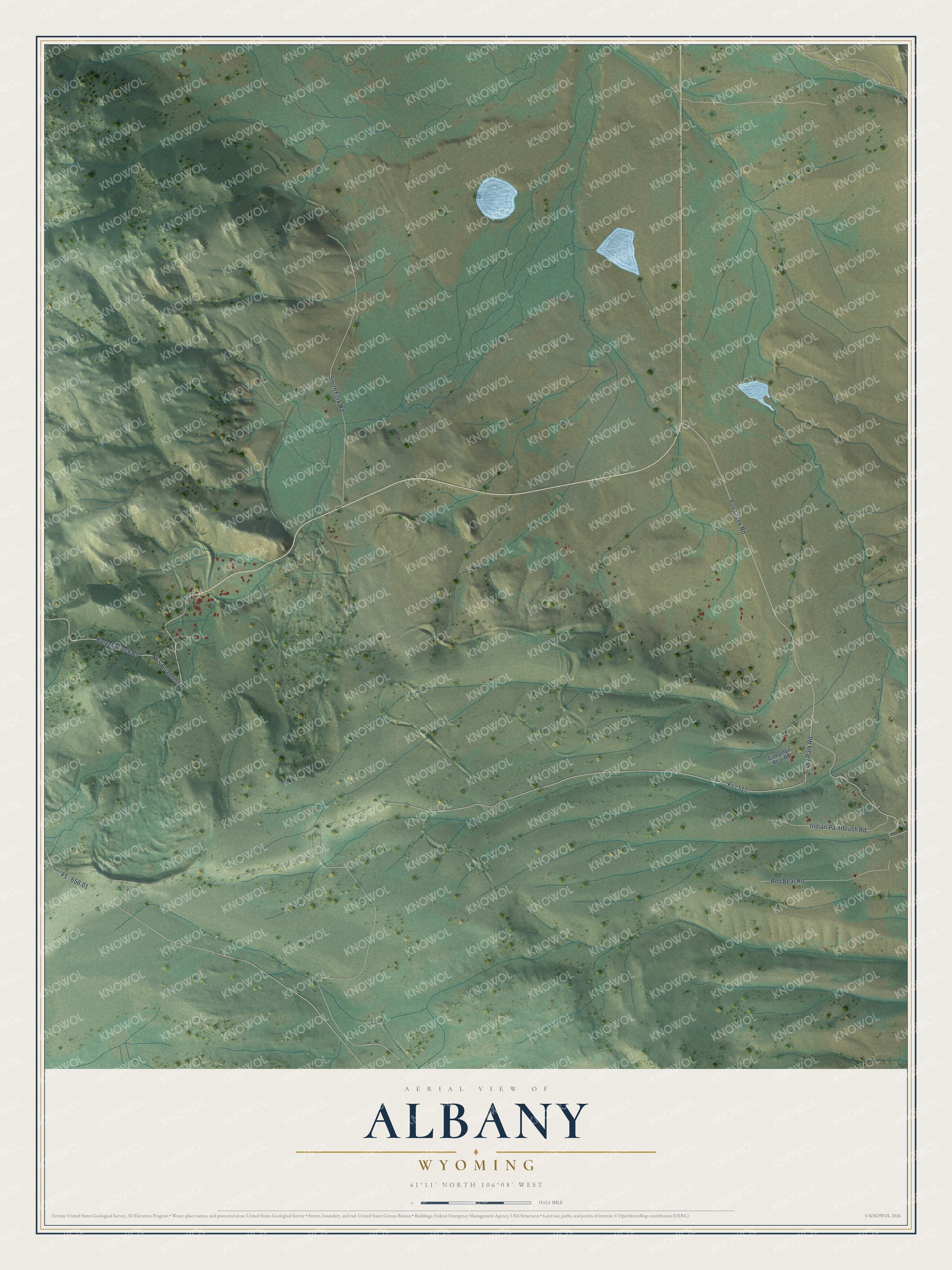 Full map of Albany, Wyoming, with red buildings, printed street names and the land around them