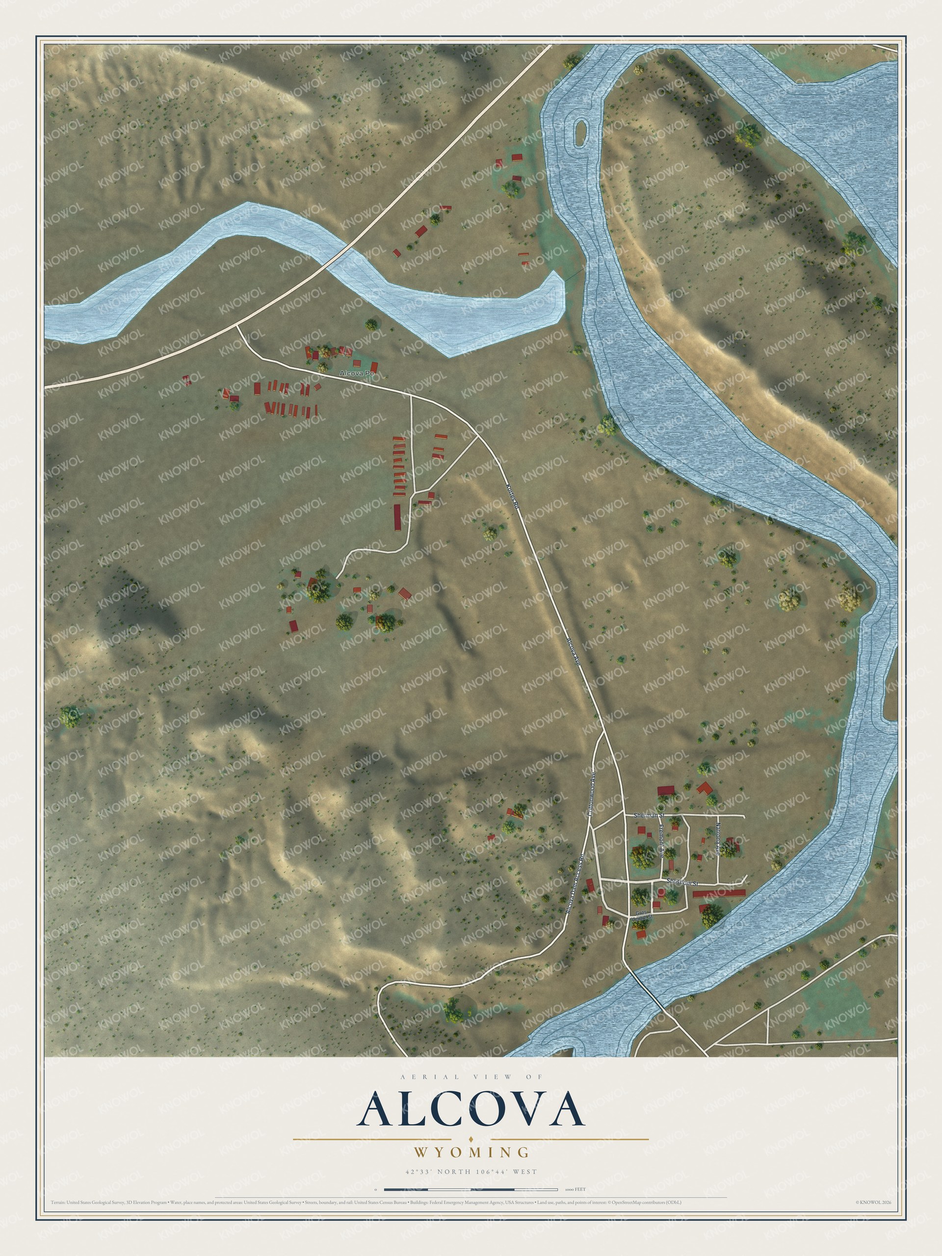 Full map of Alcova, Wyoming, with red buildings, printed street names and the land around them