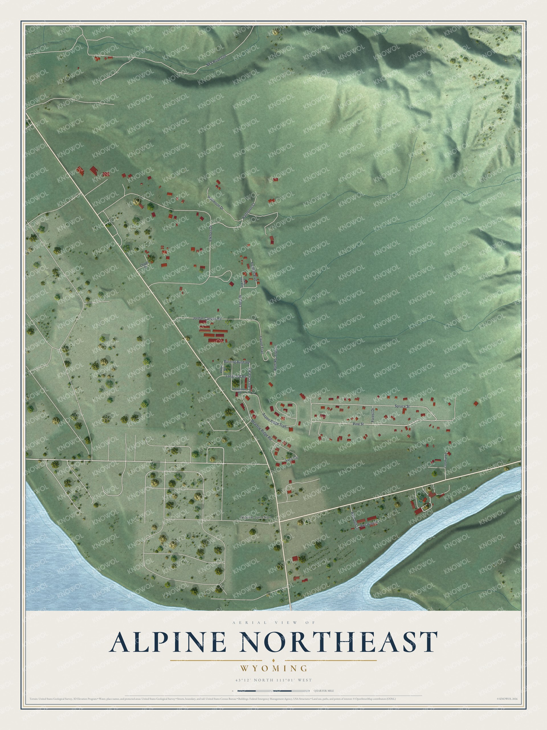 Full map of Alpine Northeast, Wyoming, with red buildings, printed street names and the land around them