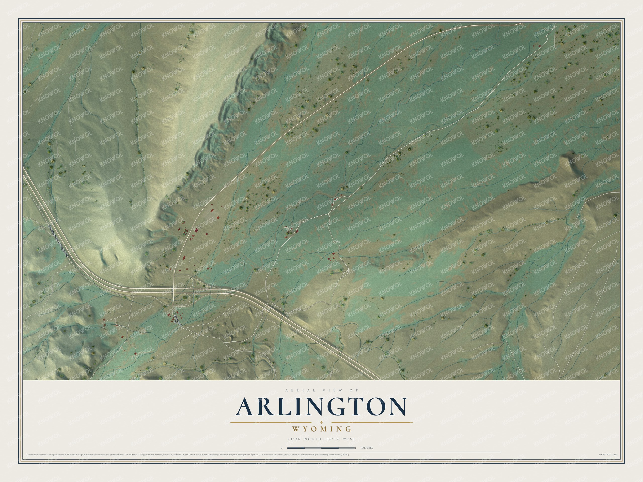 Full map of Arlington, Wyoming, with red buildings, printed street names and the land around them