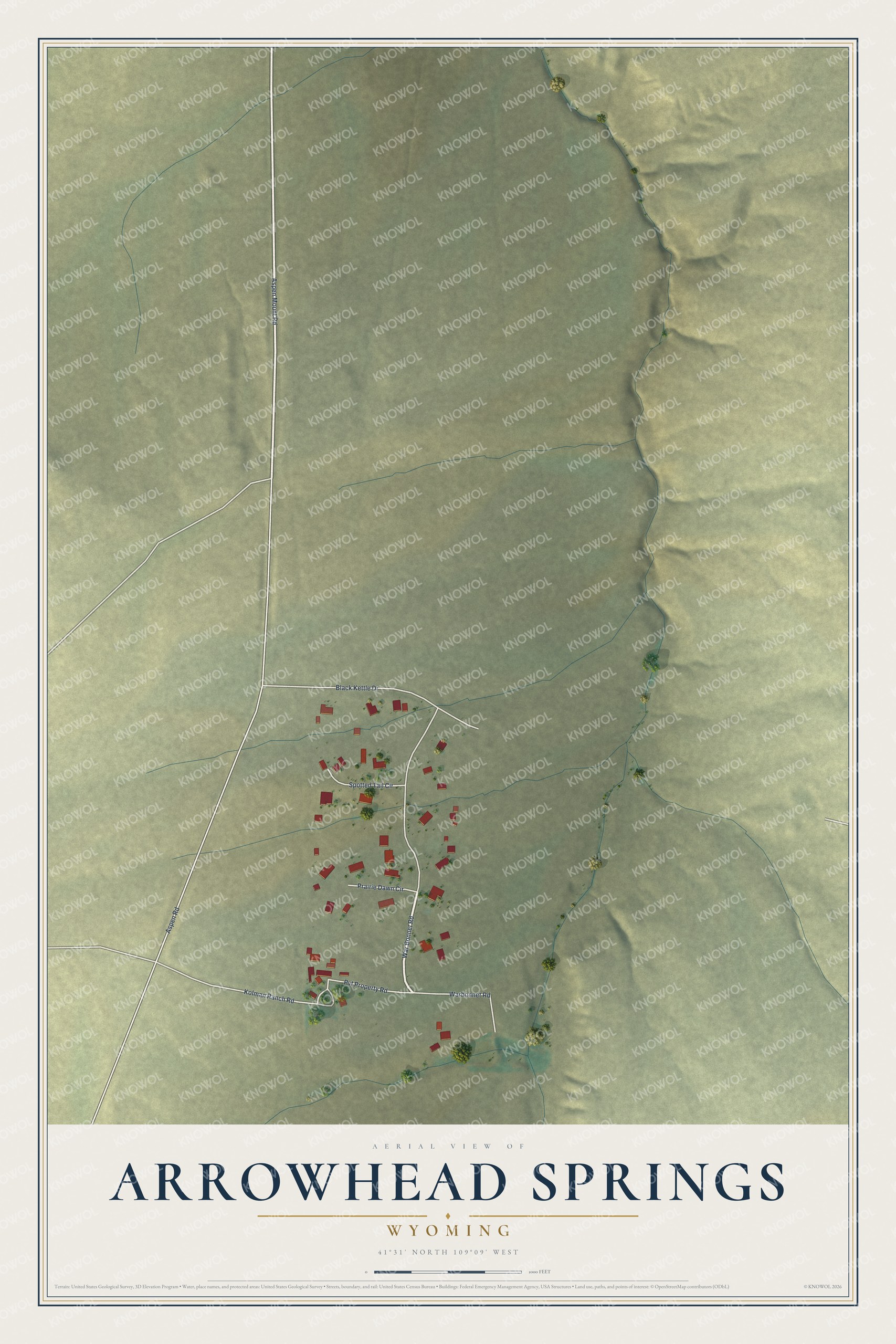 Full map of Arrowhead Springs, Wyoming, with red buildings, printed street names and the land around them