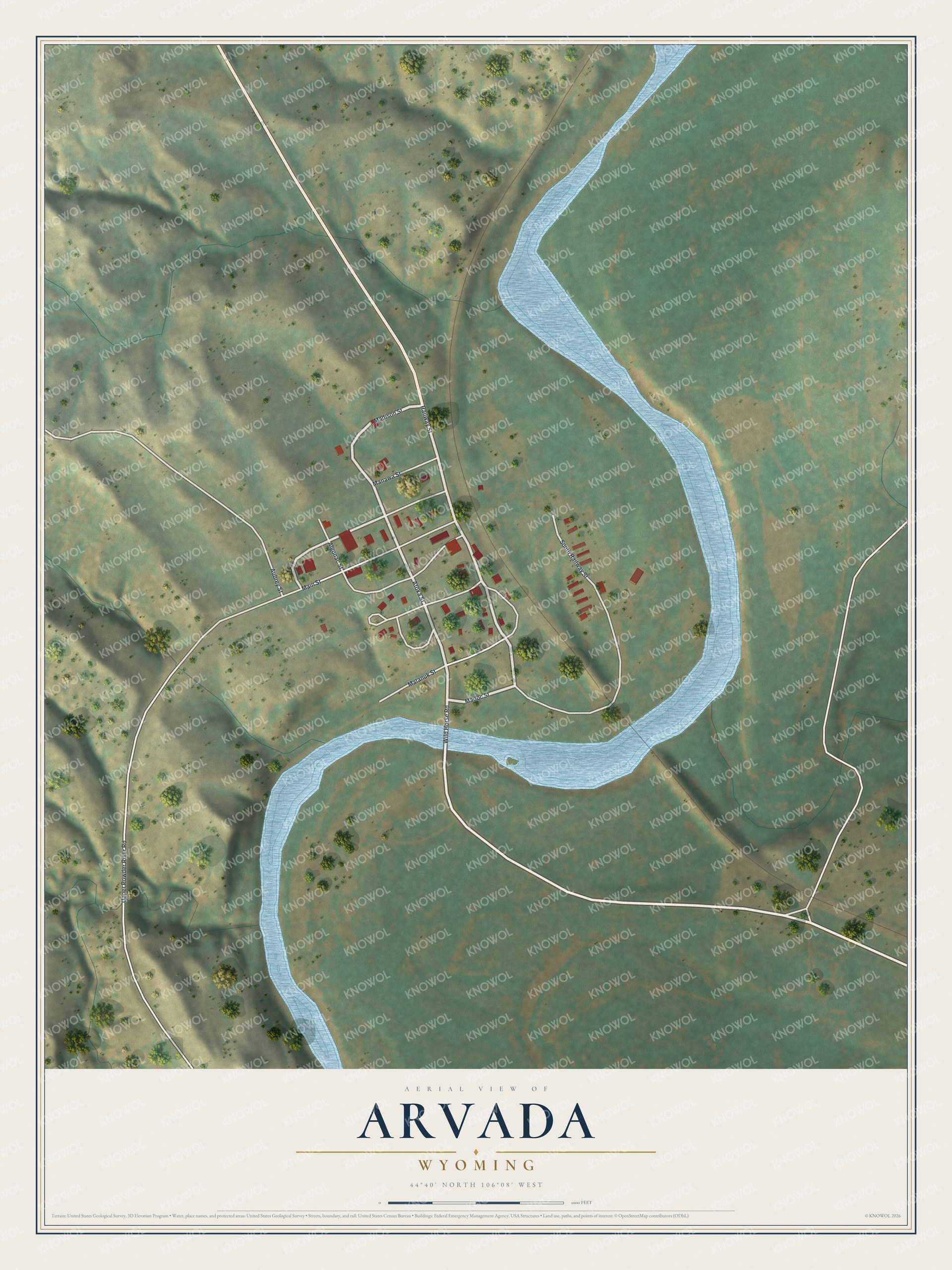 Full map of Arvada, Wyoming, with red buildings, printed street names and the land around them
