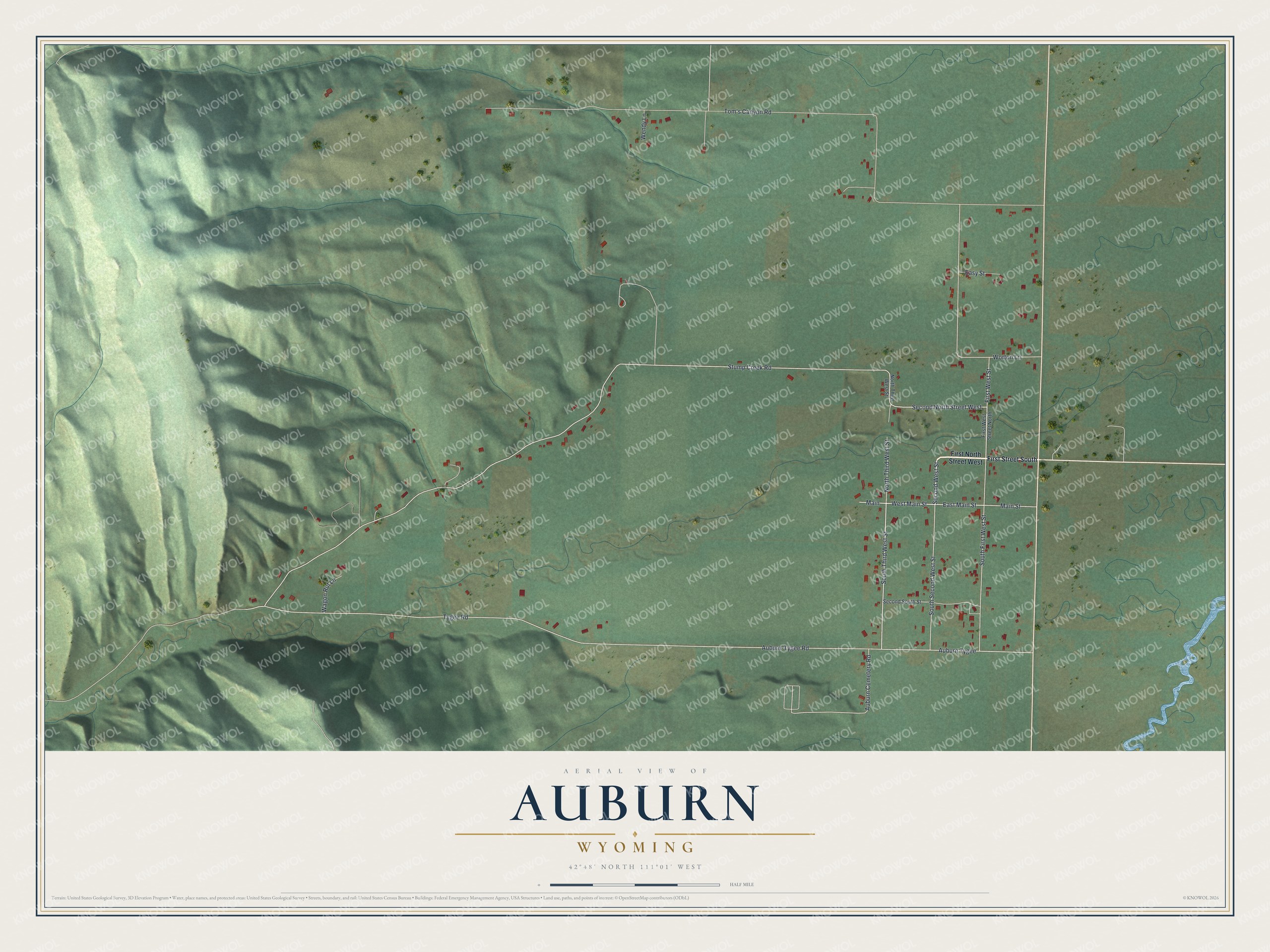 Full map of Auburn, Wyoming, with red buildings, printed street names and the land around them