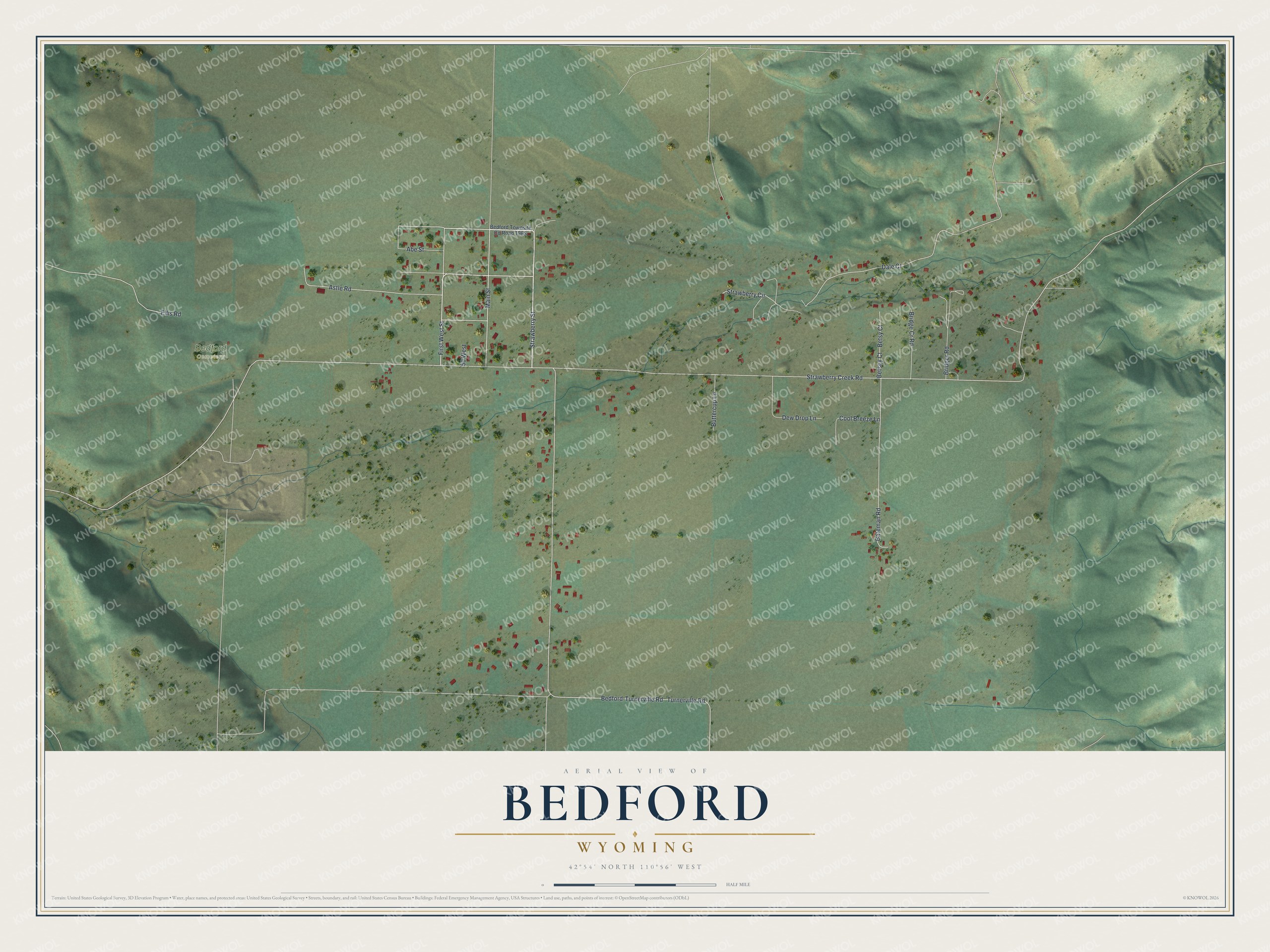 Full map of Bedford, Wyoming, with red buildings, printed street names and the land around them