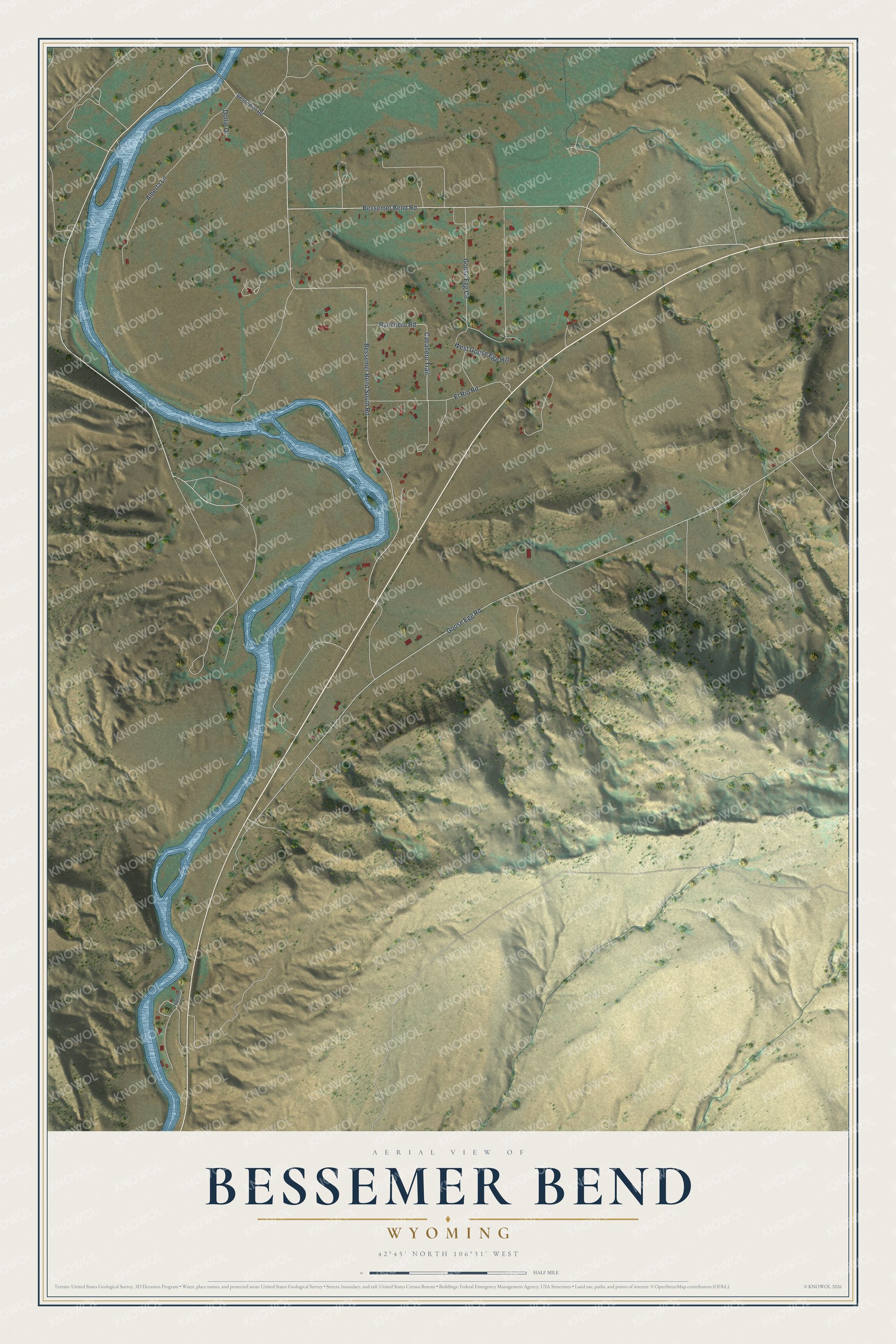 Full map of Bessemer Bend, Wyoming, with red buildings, printed street names and the land around them