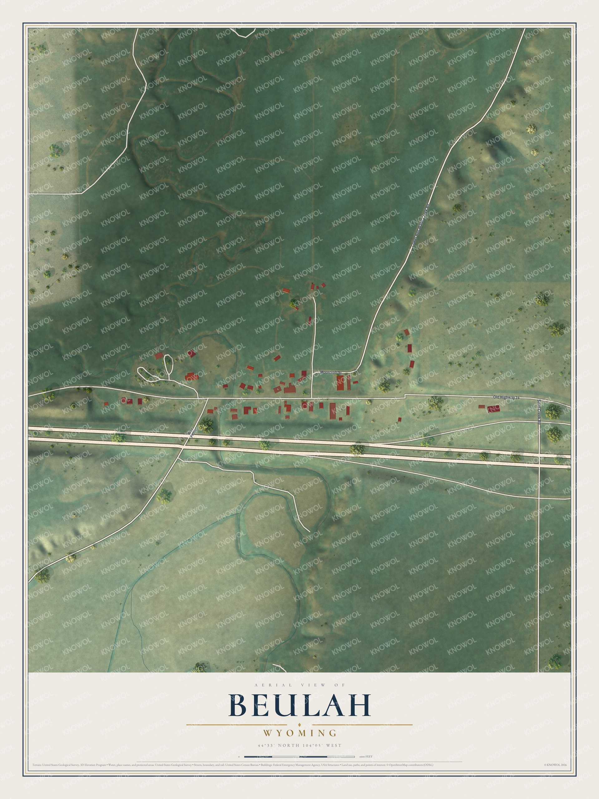 Full map of Beulah, Wyoming, with red buildings, printed street names and the land around them