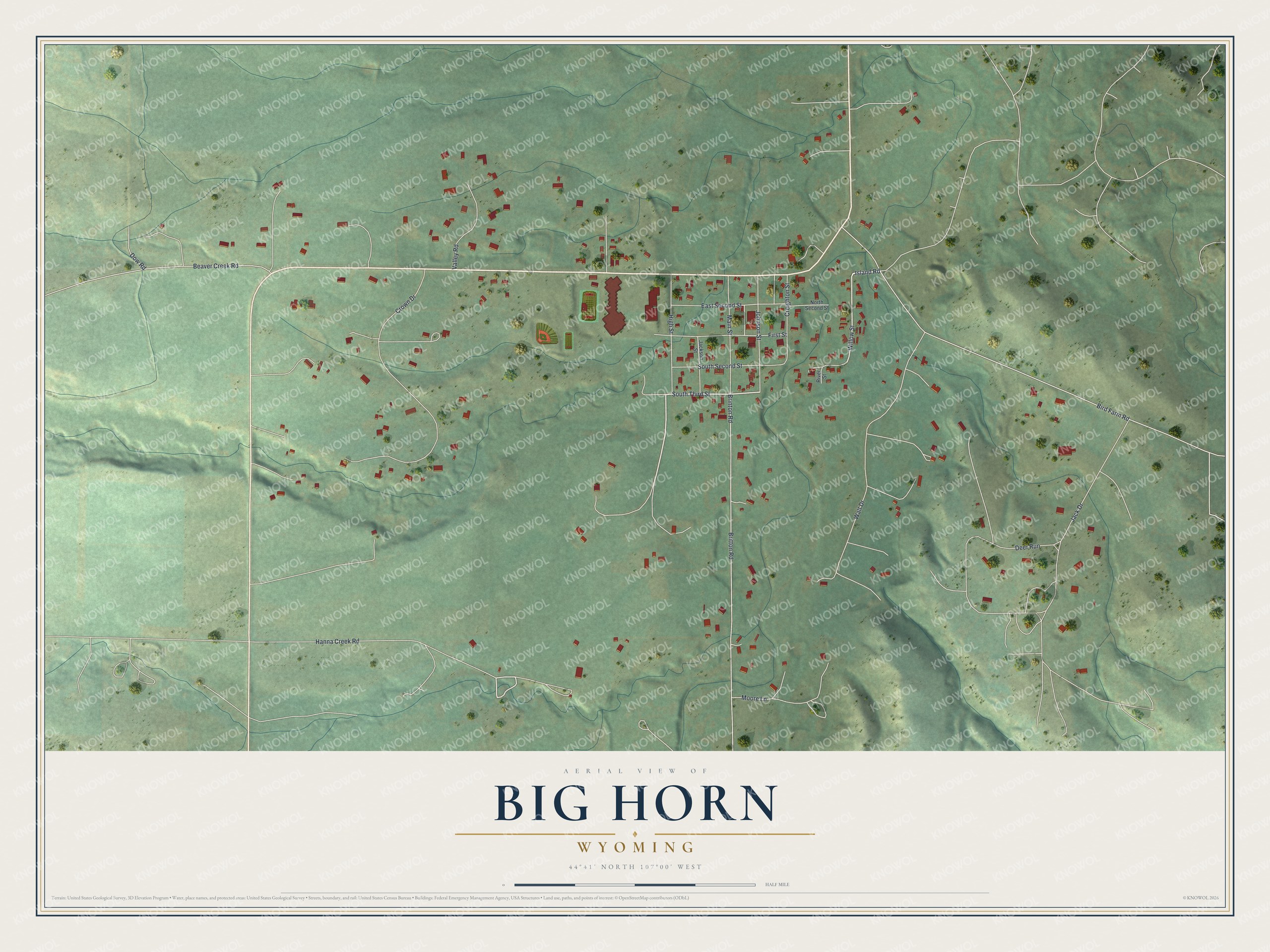 Full map of Big Horn, Wyoming, with red buildings, printed street names and the land around them