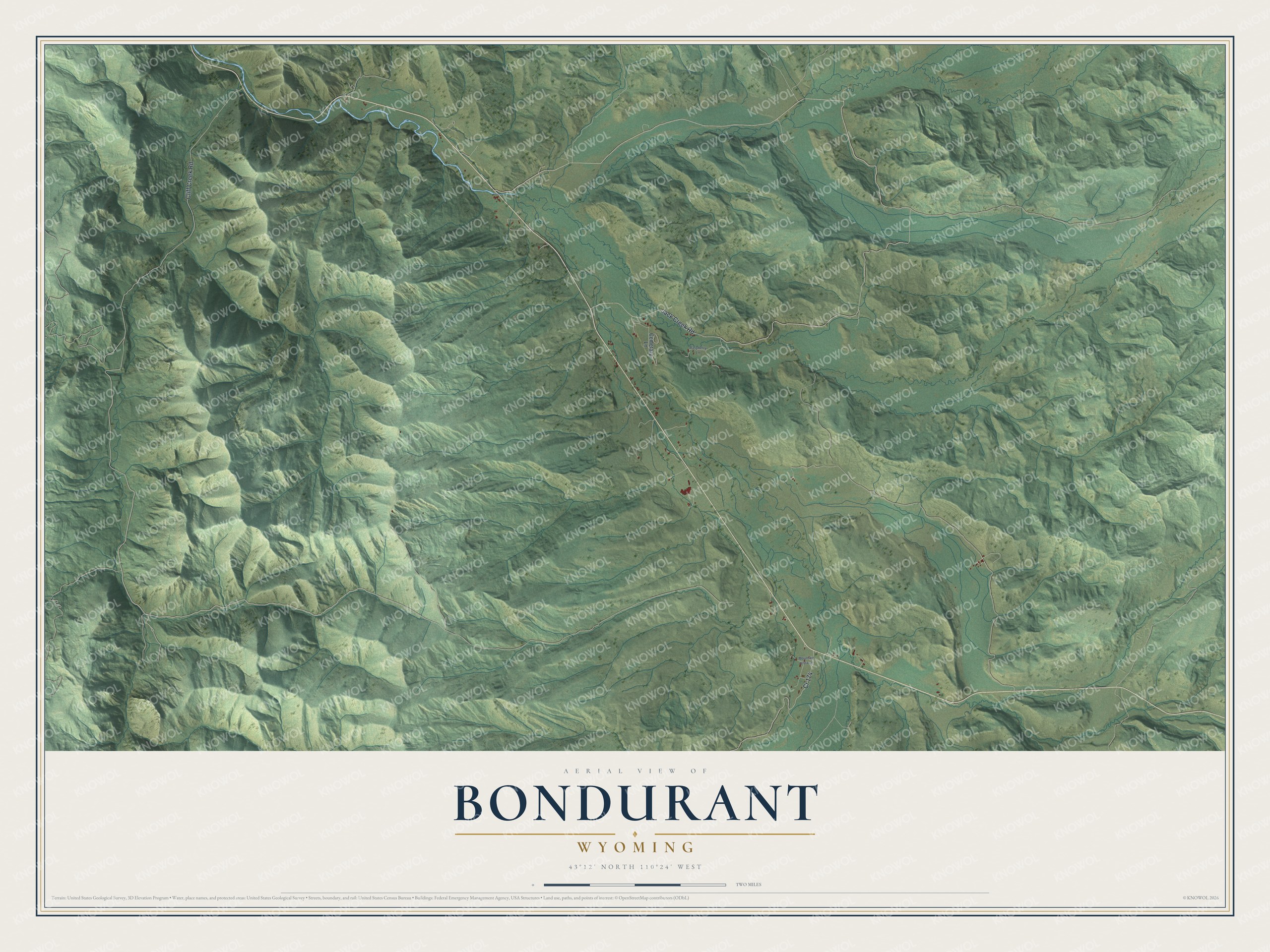 Full map of Bondurant, Wyoming, with red buildings, printed street names and the land around them