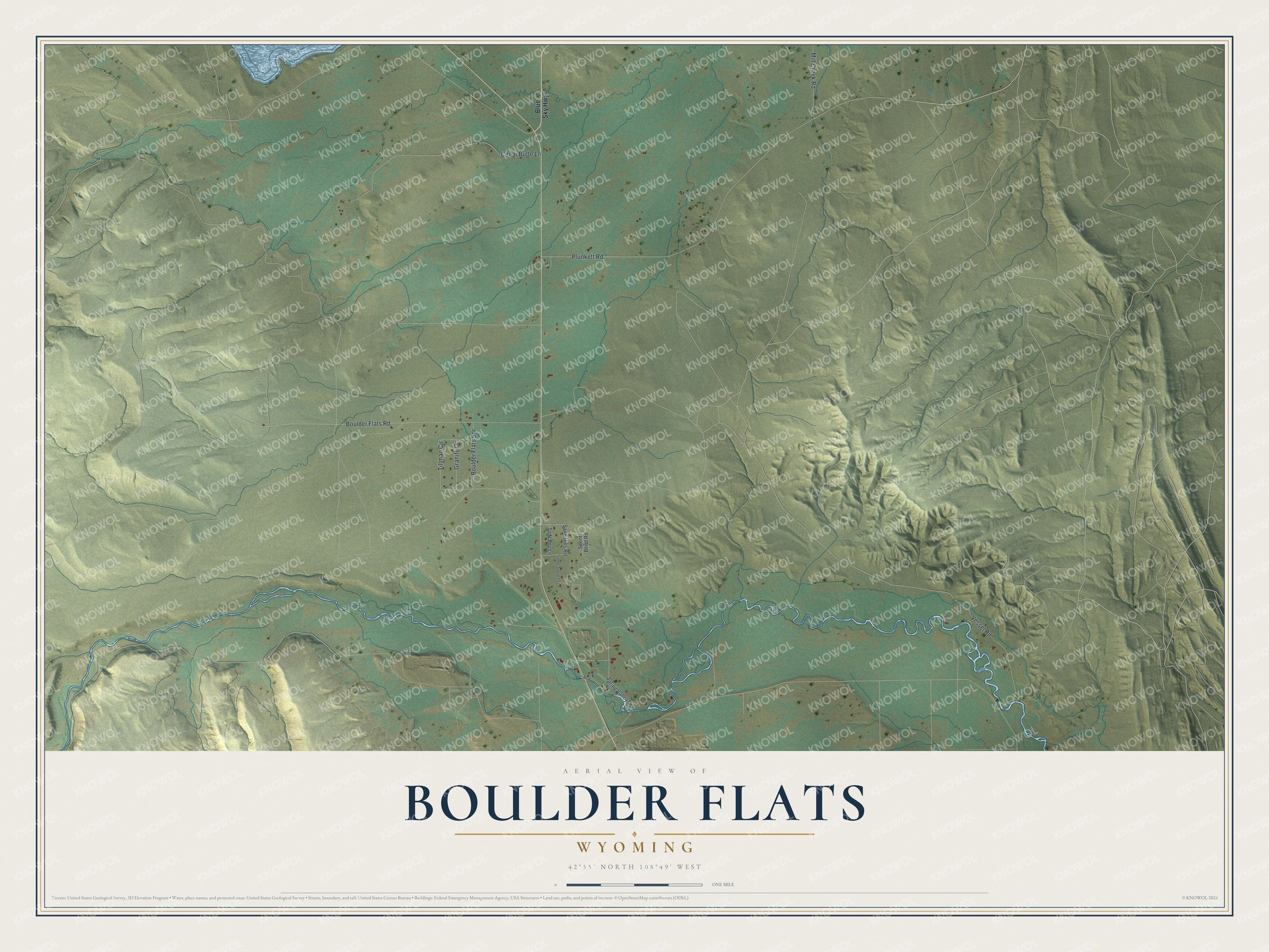 Full map of Boulder Flats, Wyoming, with red buildings, printed street names and the land around them