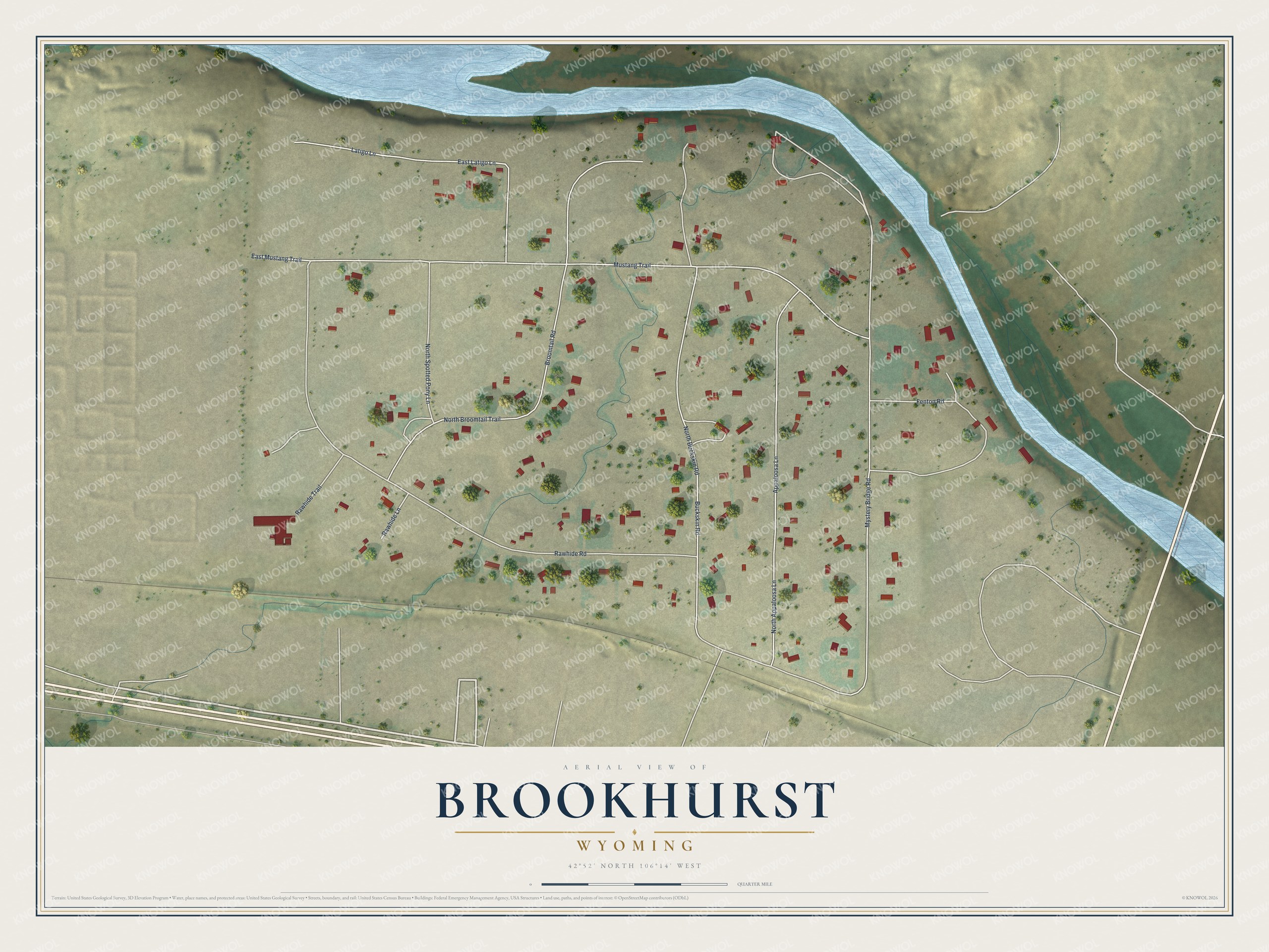 Full map of Brookhurst, Wyoming, with red buildings, printed street names and the land around them