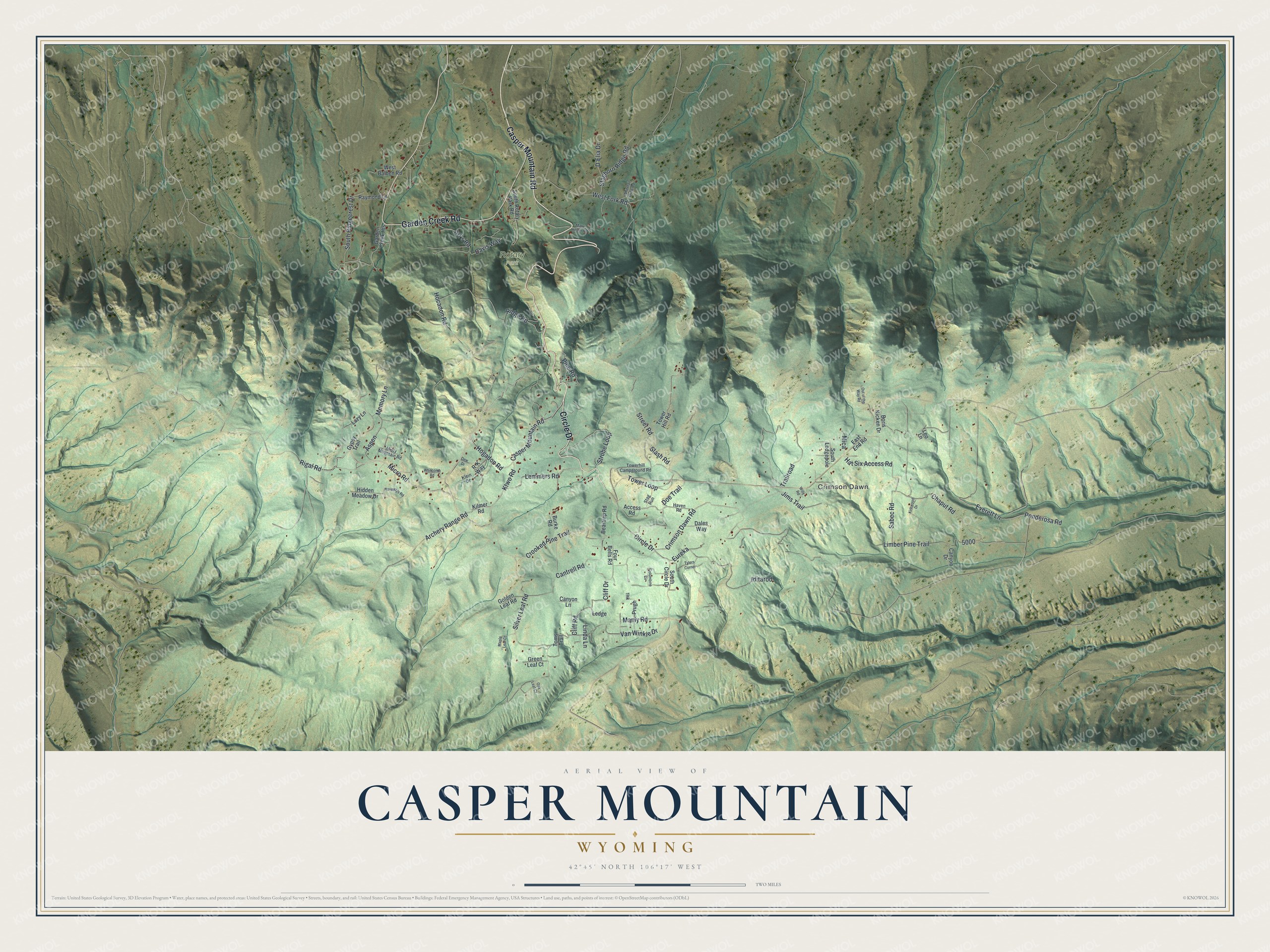 Full map of Casper Mountain, Wyoming, with red buildings, printed street names and the land around them