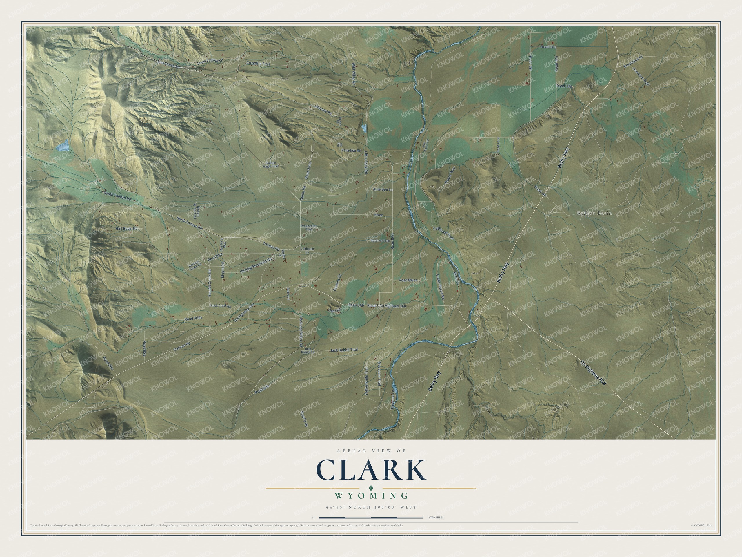 Full map of Clark, Wyoming, with red buildings, printed street names and the land around them