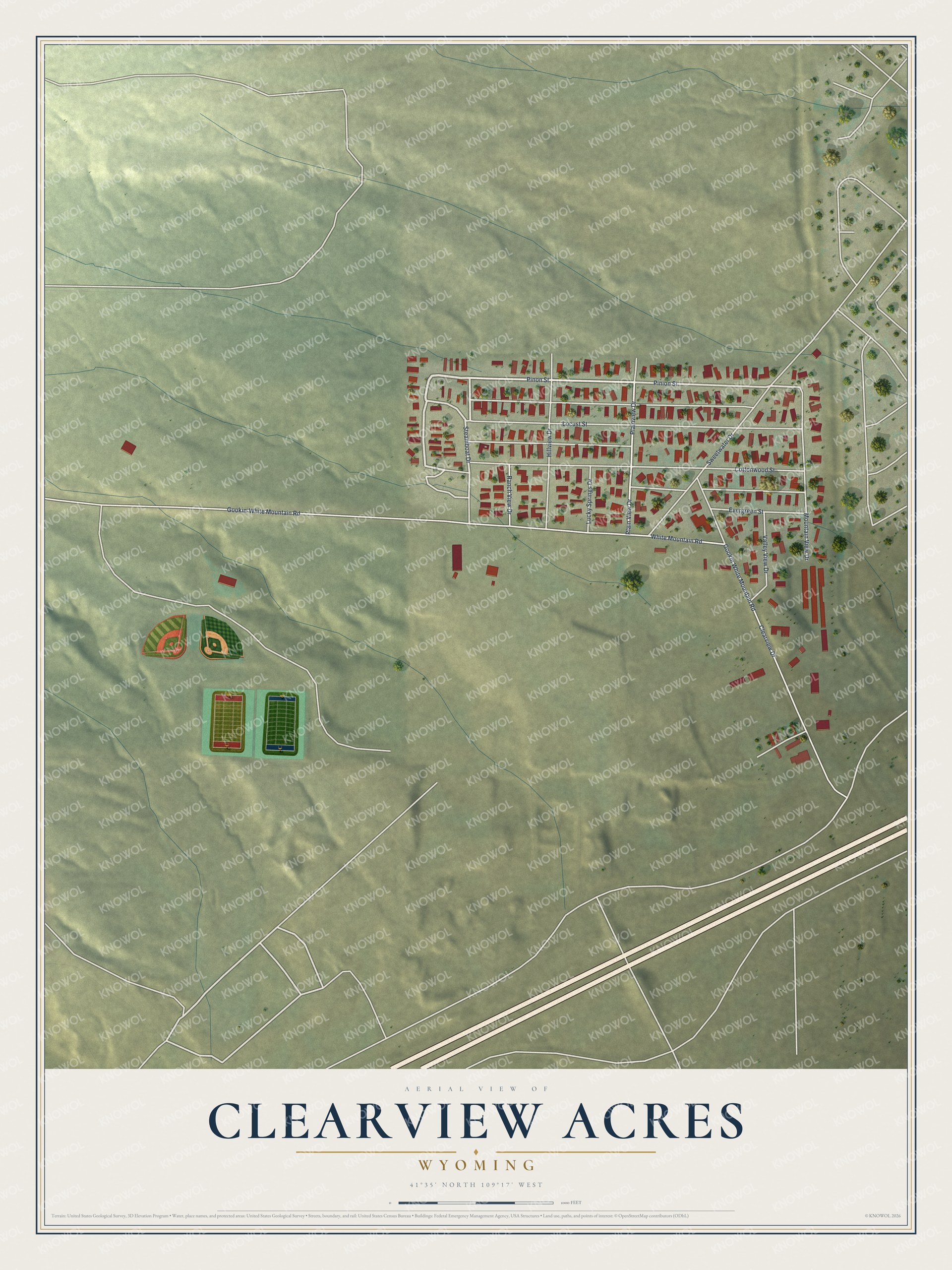 Full map of Clearview Acres, Wyoming, with red buildings, printed street names and the land around them