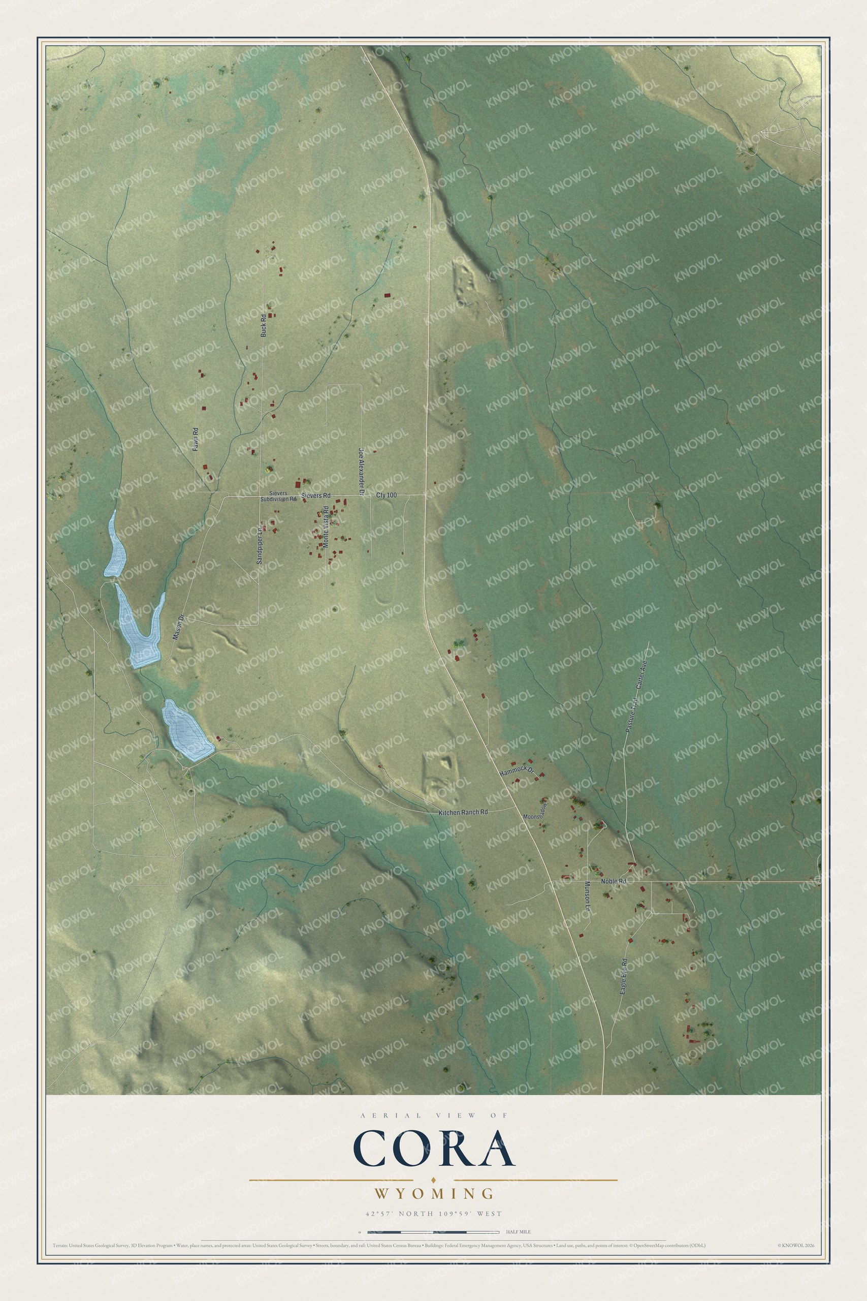 Full map of Cora, Wyoming, with red buildings, printed street names and the land around them