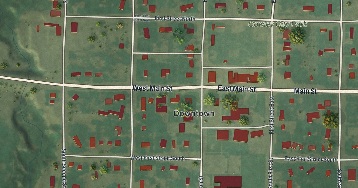Map of Cowley, Wyoming in 2026