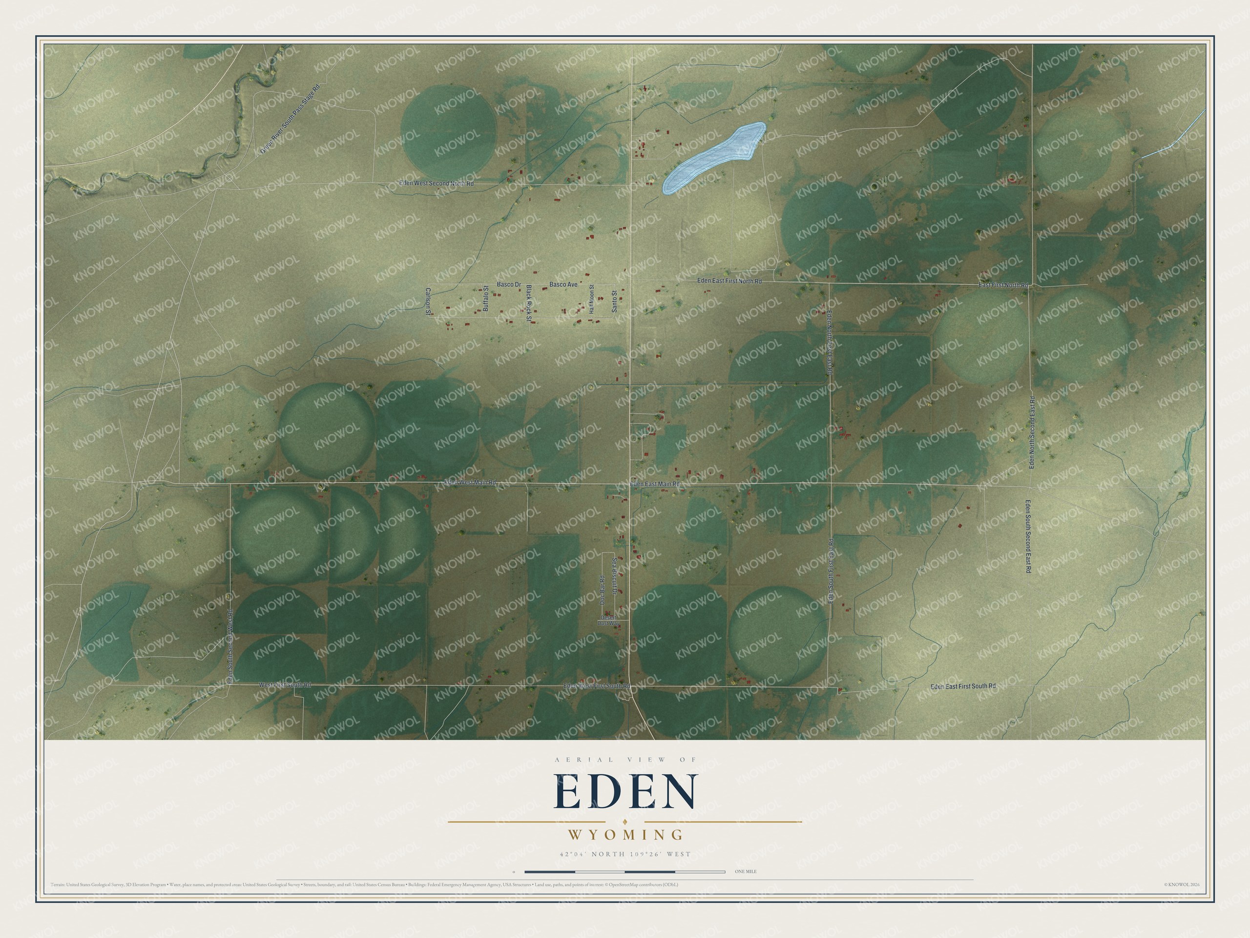 Full map of Eden, Wyoming, with red buildings, printed street names and the land around them