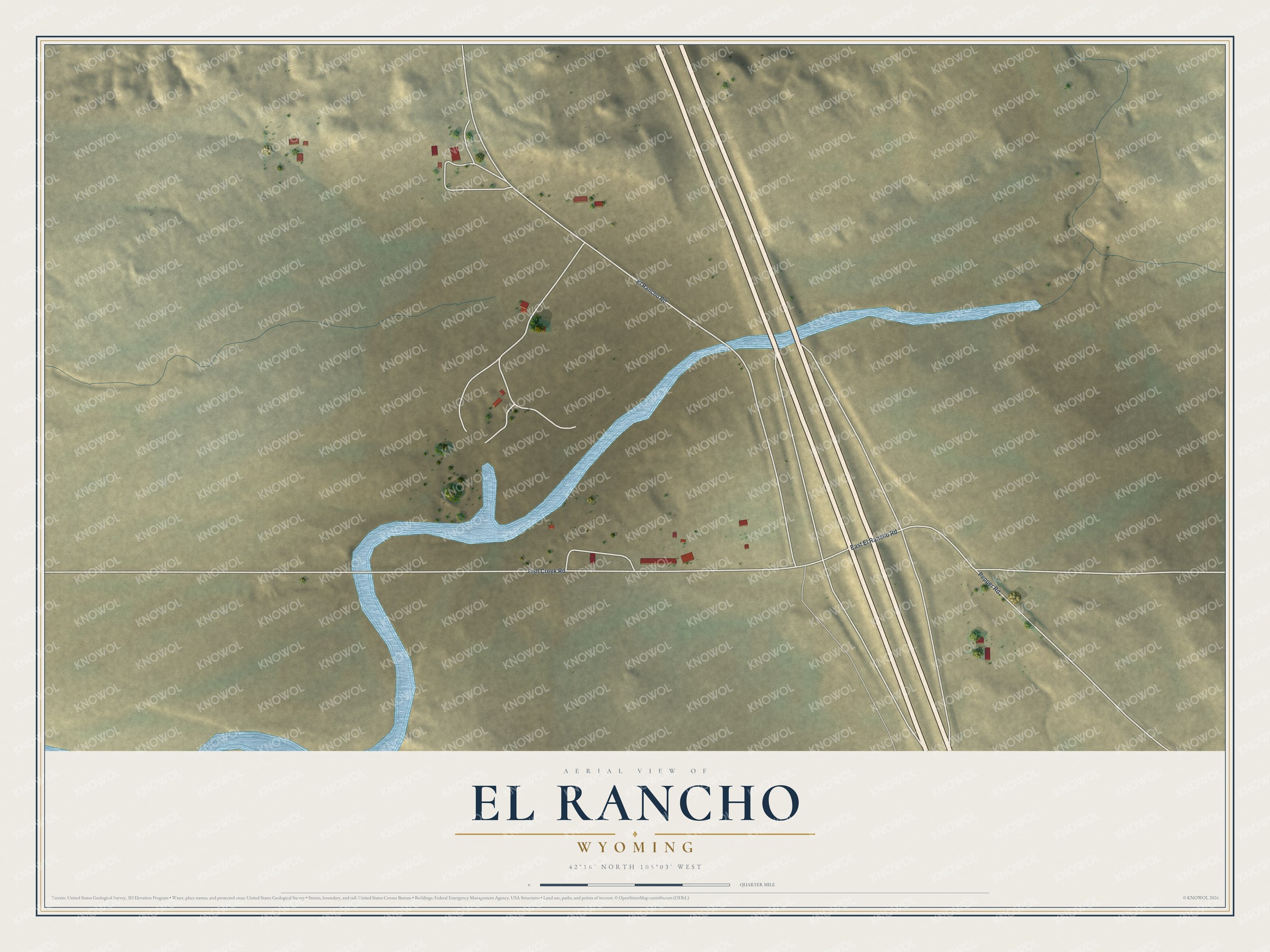 Full map of El Rancho, Wyoming, with red buildings, printed street names and the land around them