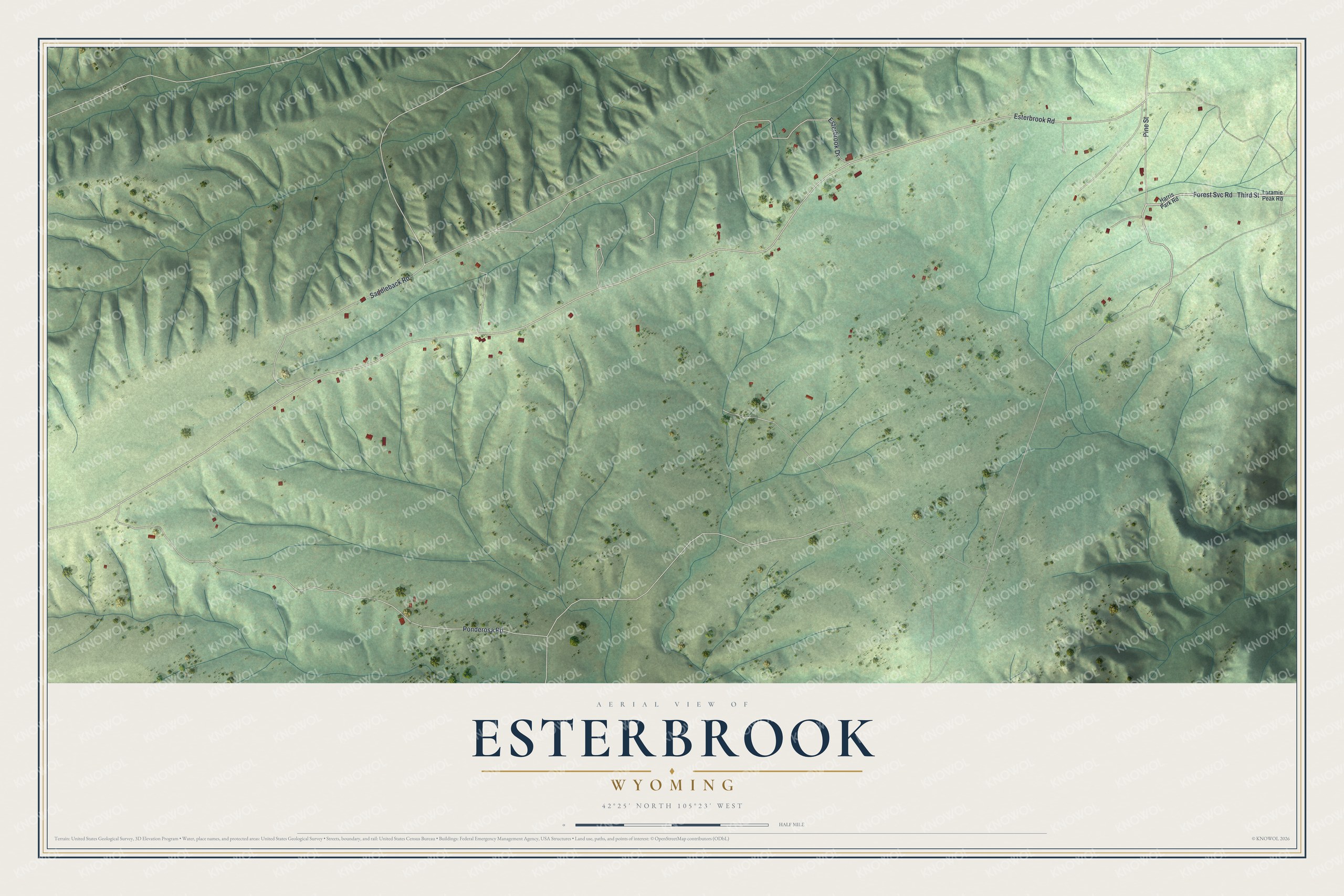 Full map of Esterbrook, Wyoming, with red buildings, printed street names and the land around them