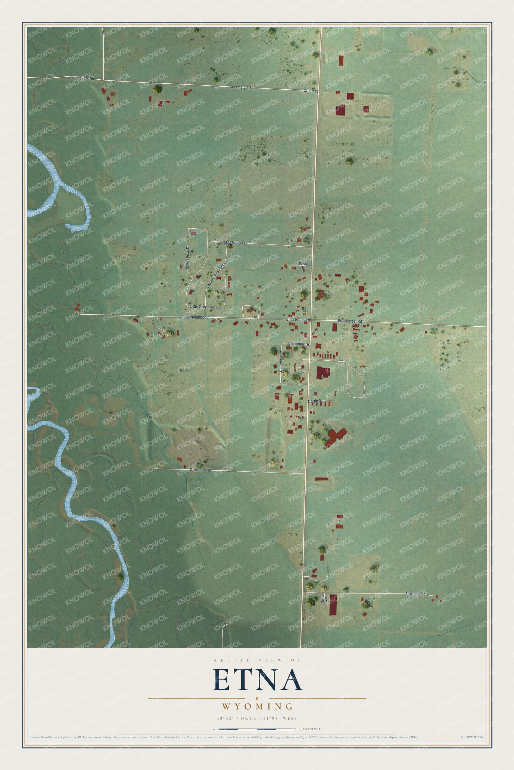 Full map of Etna, Wyoming, with red buildings, printed street names and the land around them