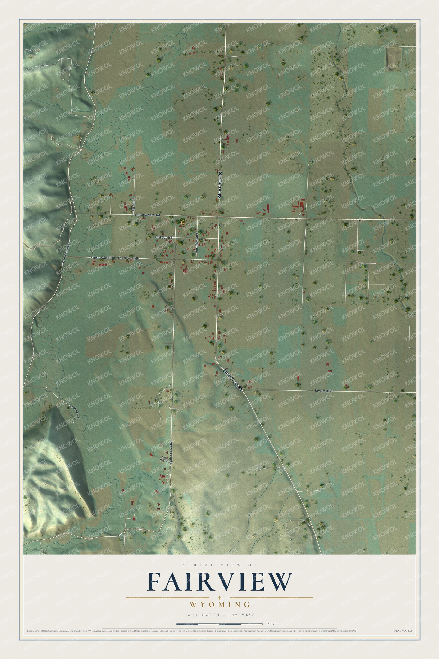 Full map of Fairview, Wyoming, with red buildings, printed street names and the land around them