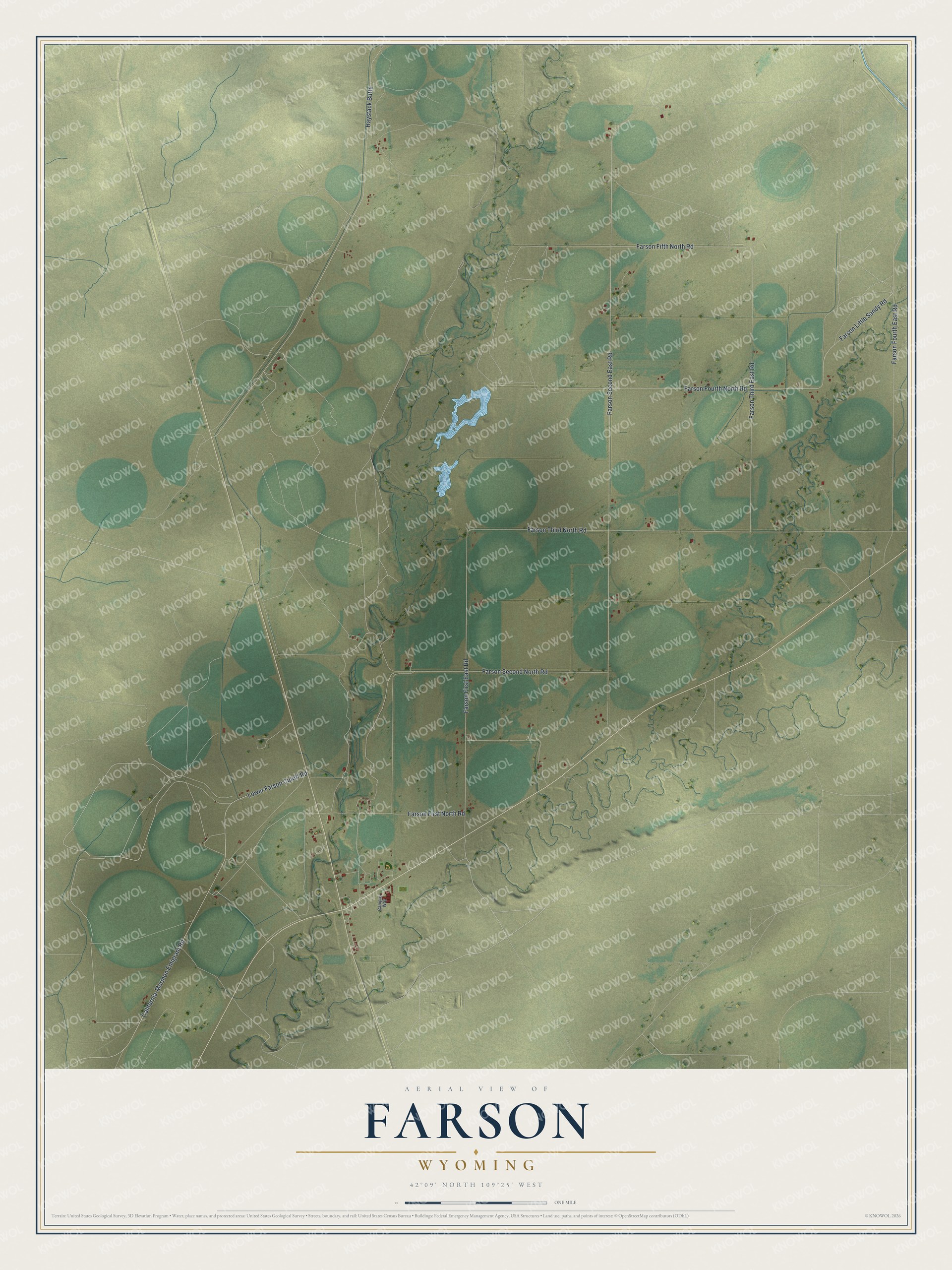 Full map of Farson, Wyoming, with red buildings, printed street names and the land around them