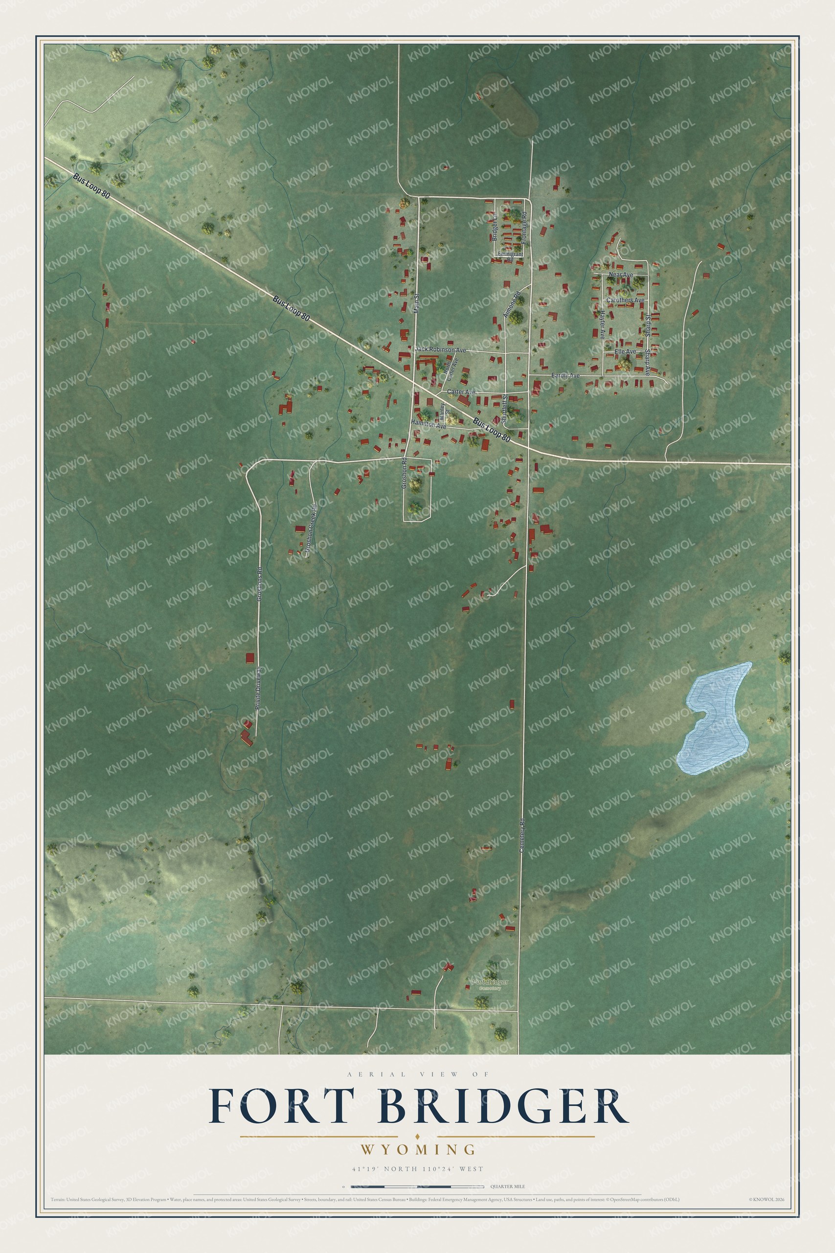 Full map of Fort Bridger, Wyoming, with red buildings, printed street names and the land around them