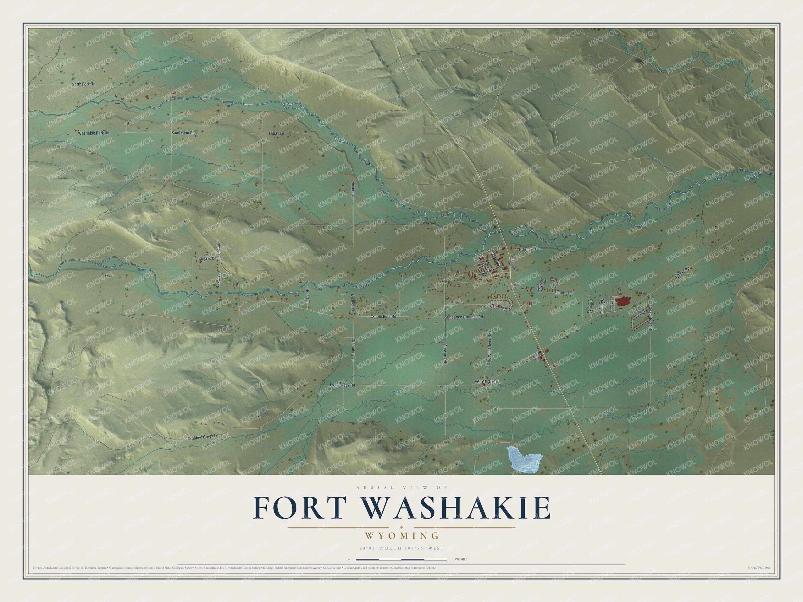 Full map of Fort Washakie, Wyoming, with red buildings, printed street names and the land around them