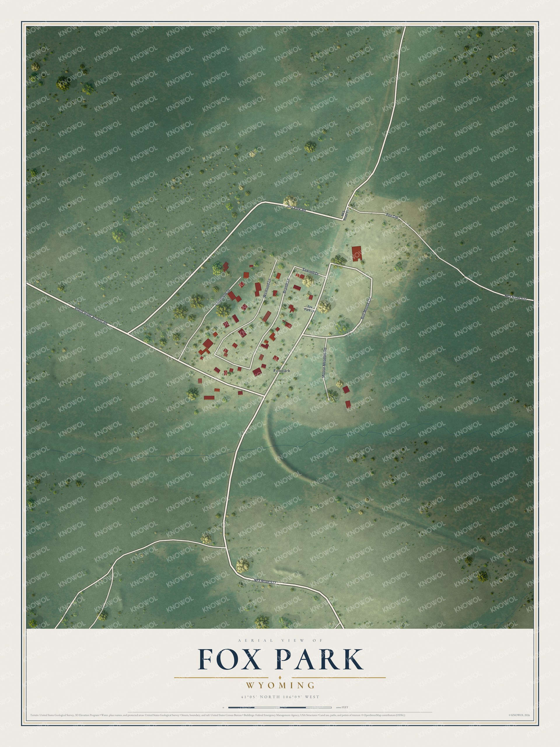 Full map of Fox Park, Wyoming, with red buildings, printed street names and the land around them