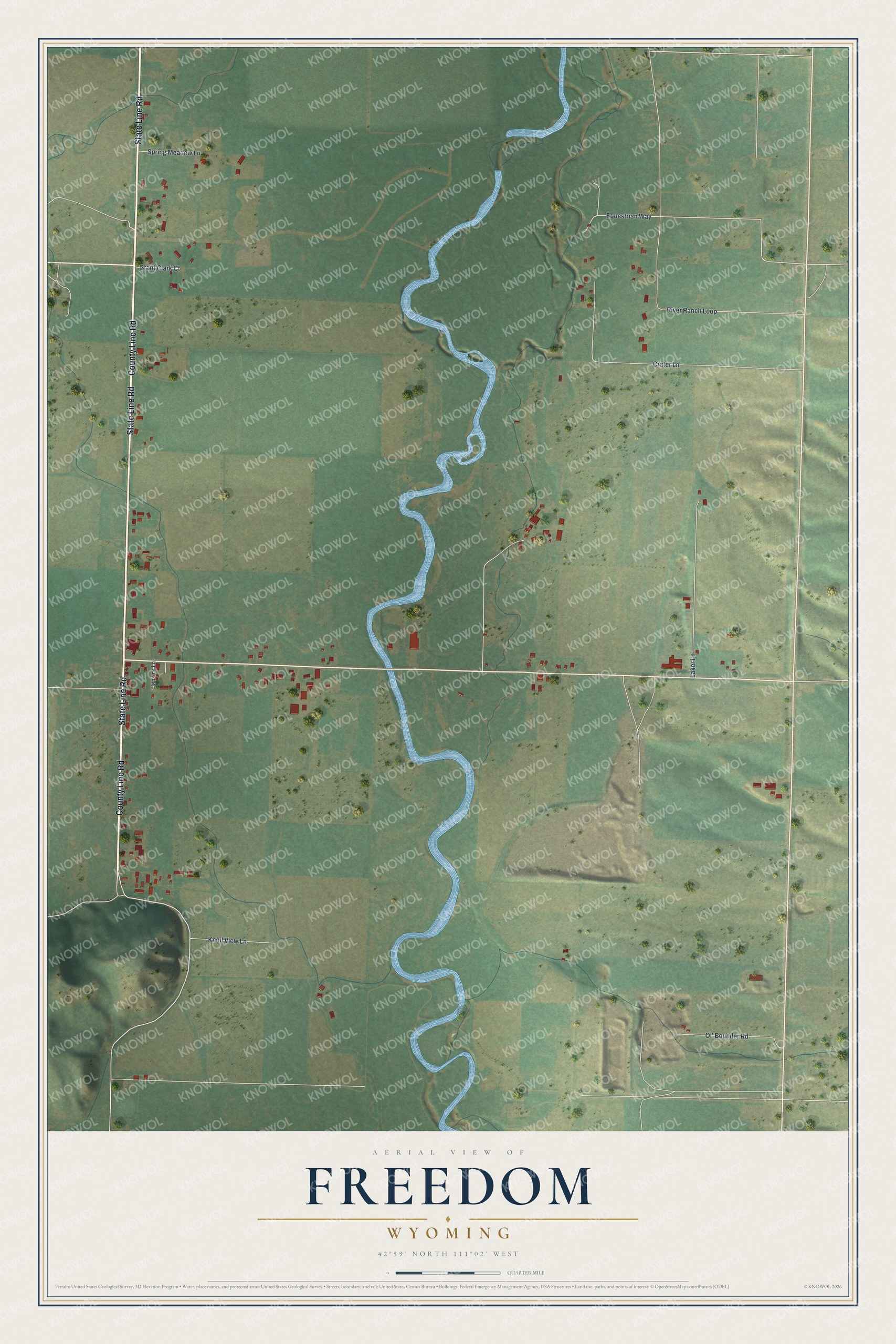 Full map of Freedom, Wyoming, with red buildings, printed street names and the land around them