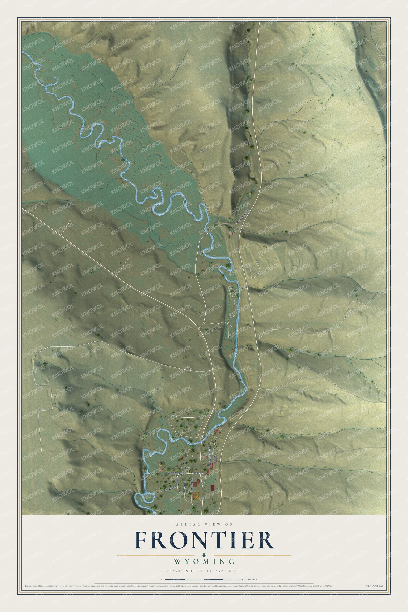 Full map of Frontier, Wyoming, with red buildings, printed street names and the land around them