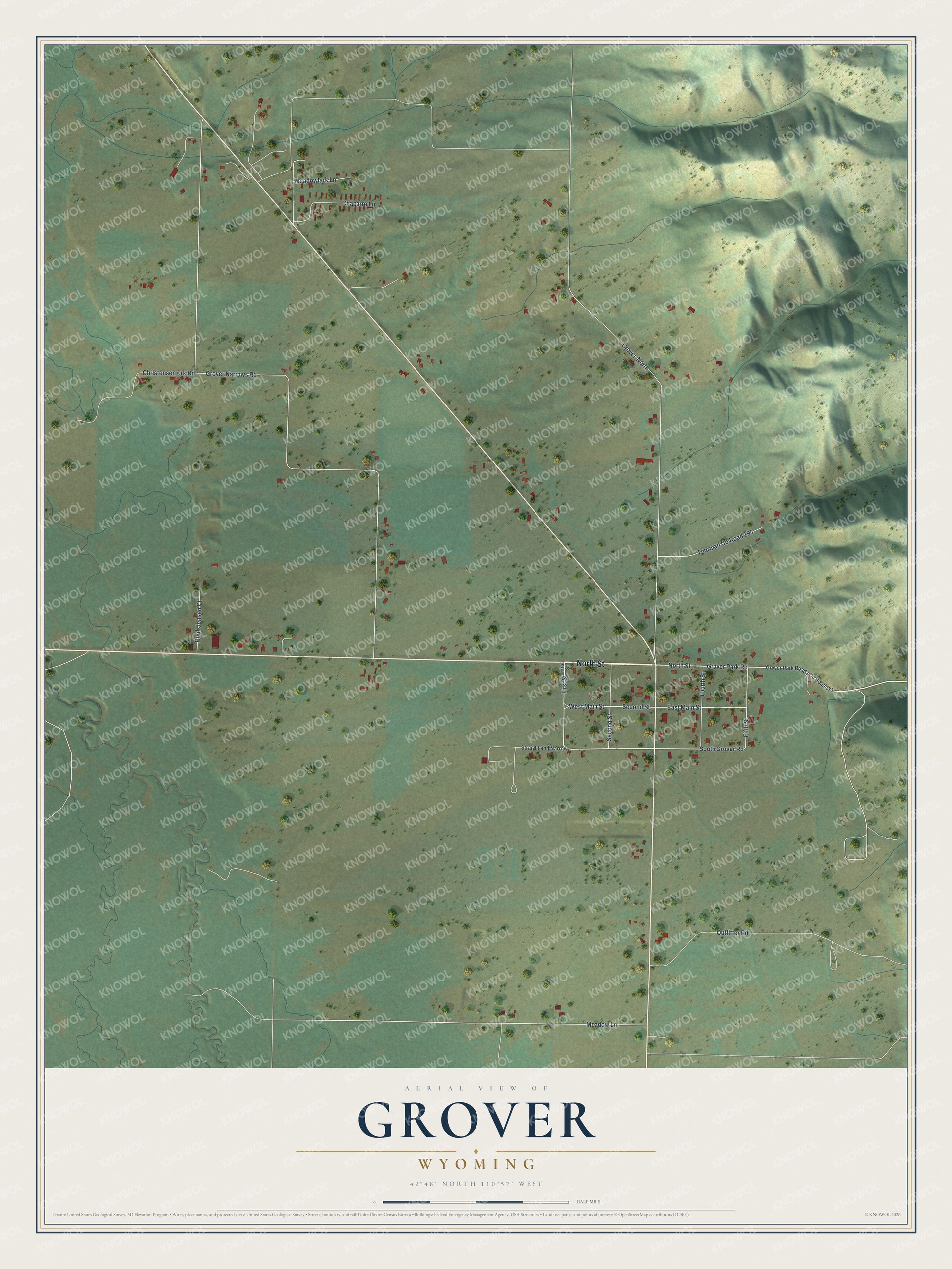Full map of Grover, Wyoming, with red buildings, printed street names and the land around them