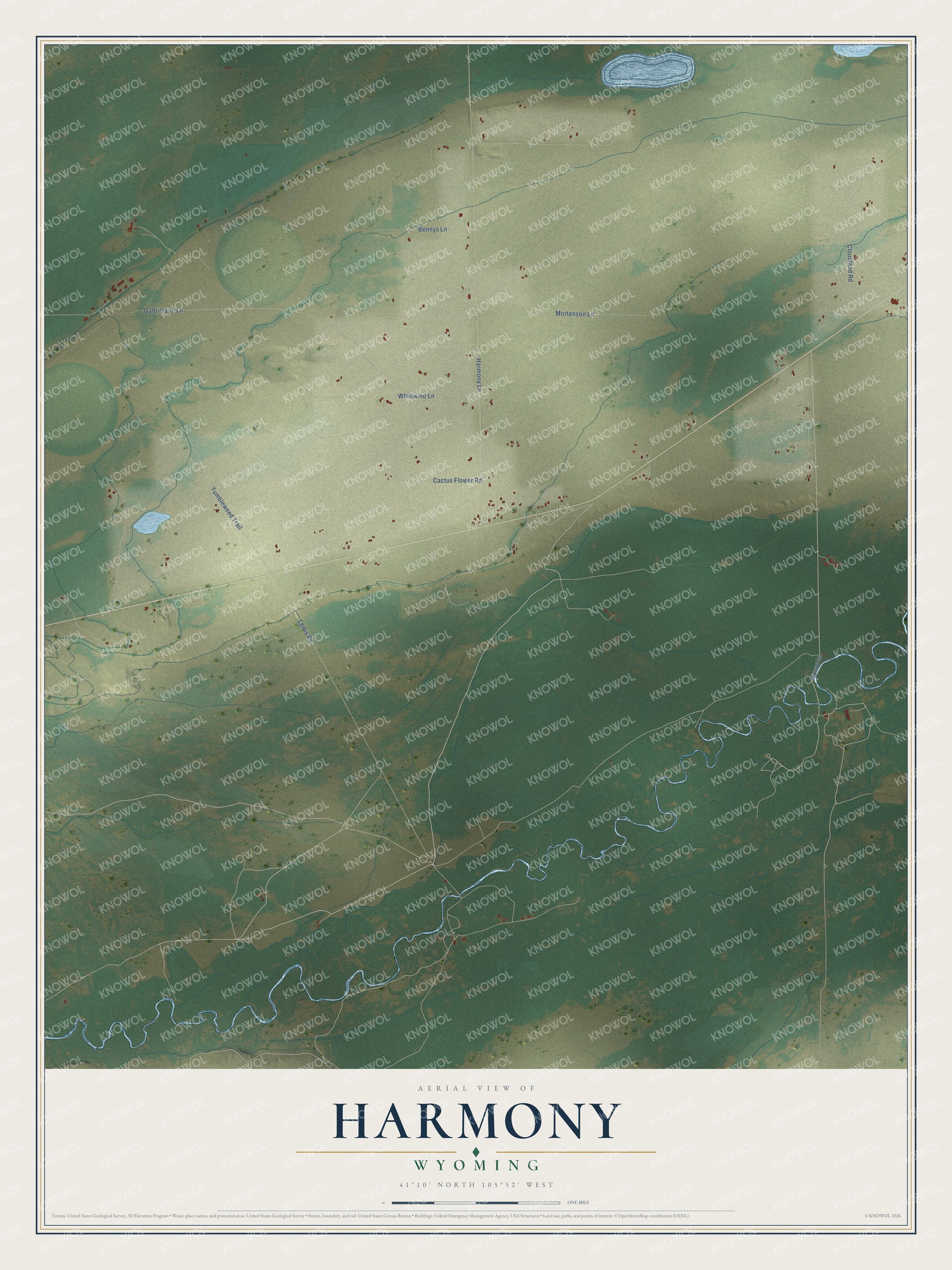 Full map of Harmony, Wyoming, with red buildings, printed street names and the land around them
