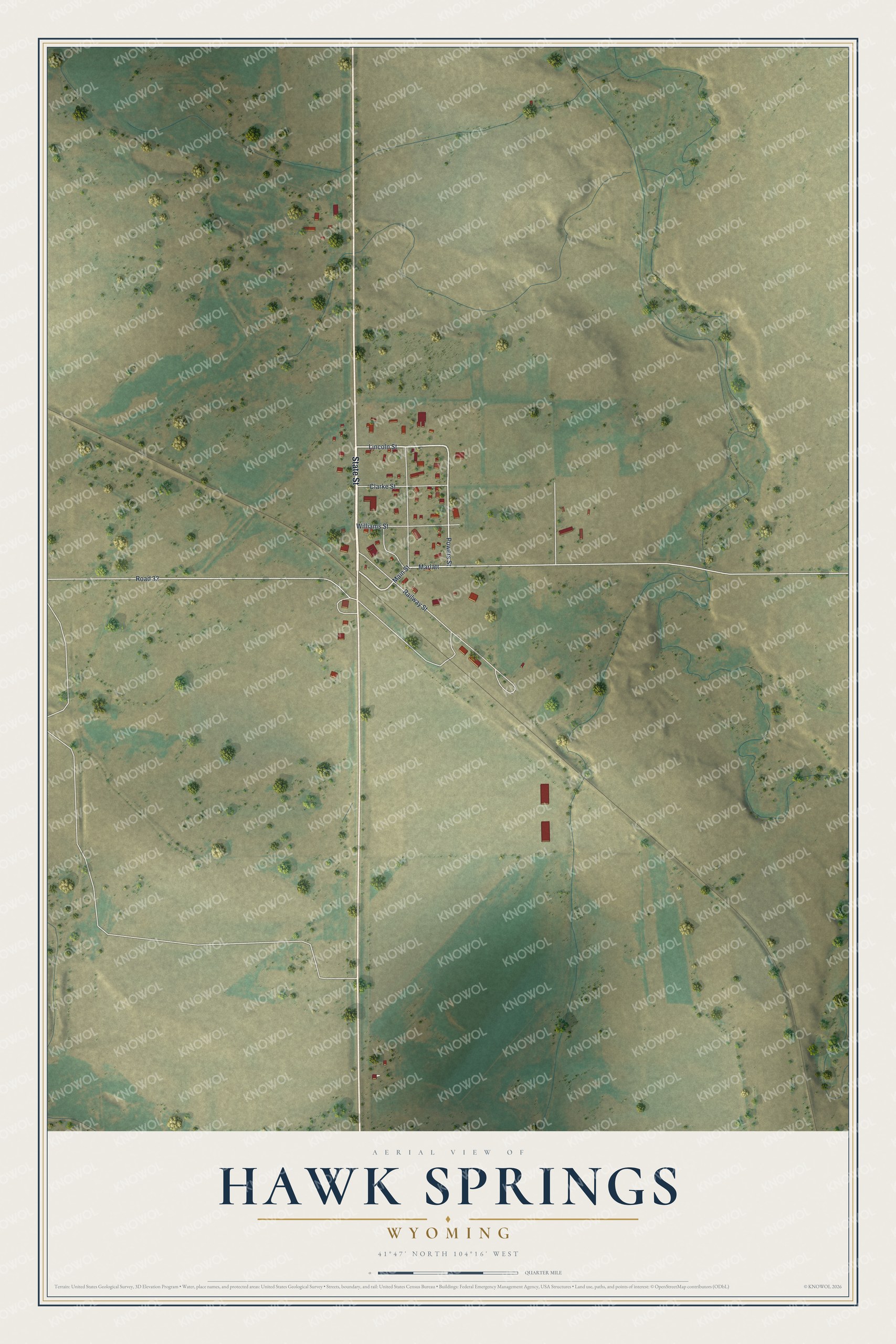 Full map of Hawk Springs, Wyoming, with red buildings, printed street names and the land around them