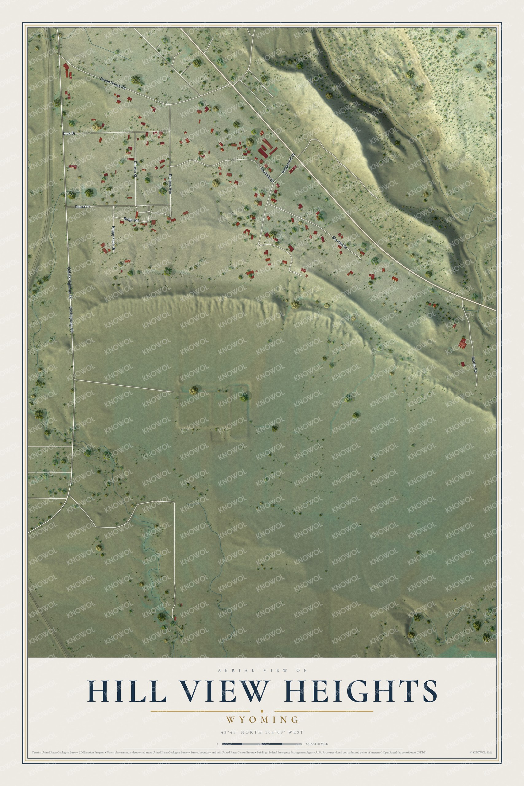 Full map of Hill View Heights, Wyoming, with red buildings, printed street names and the land around them