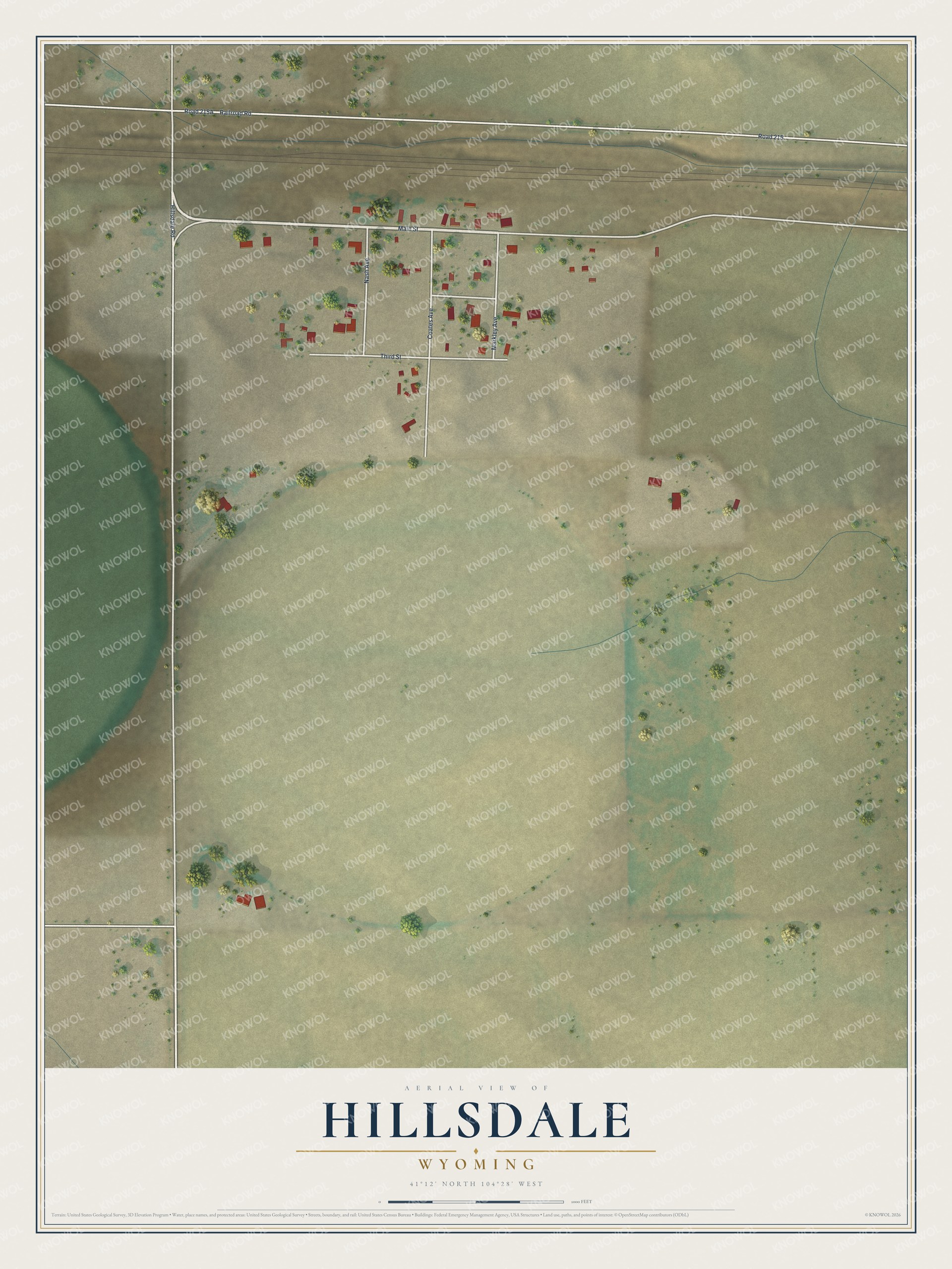 Full map of Hillsdale, Wyoming, with red buildings, printed street names and the land around them