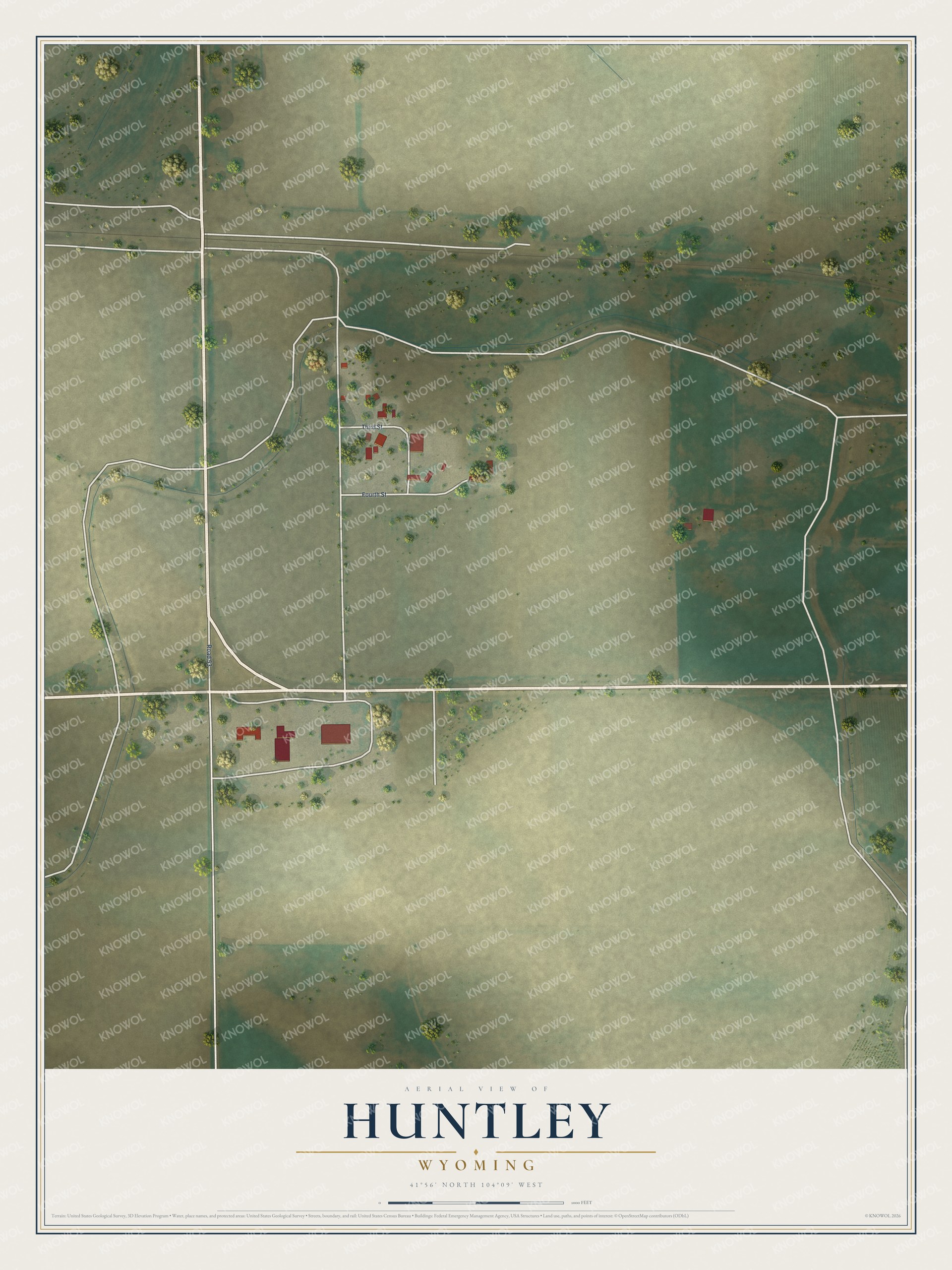 Full map of Huntley, Wyoming, with red buildings, printed street names and the land around them