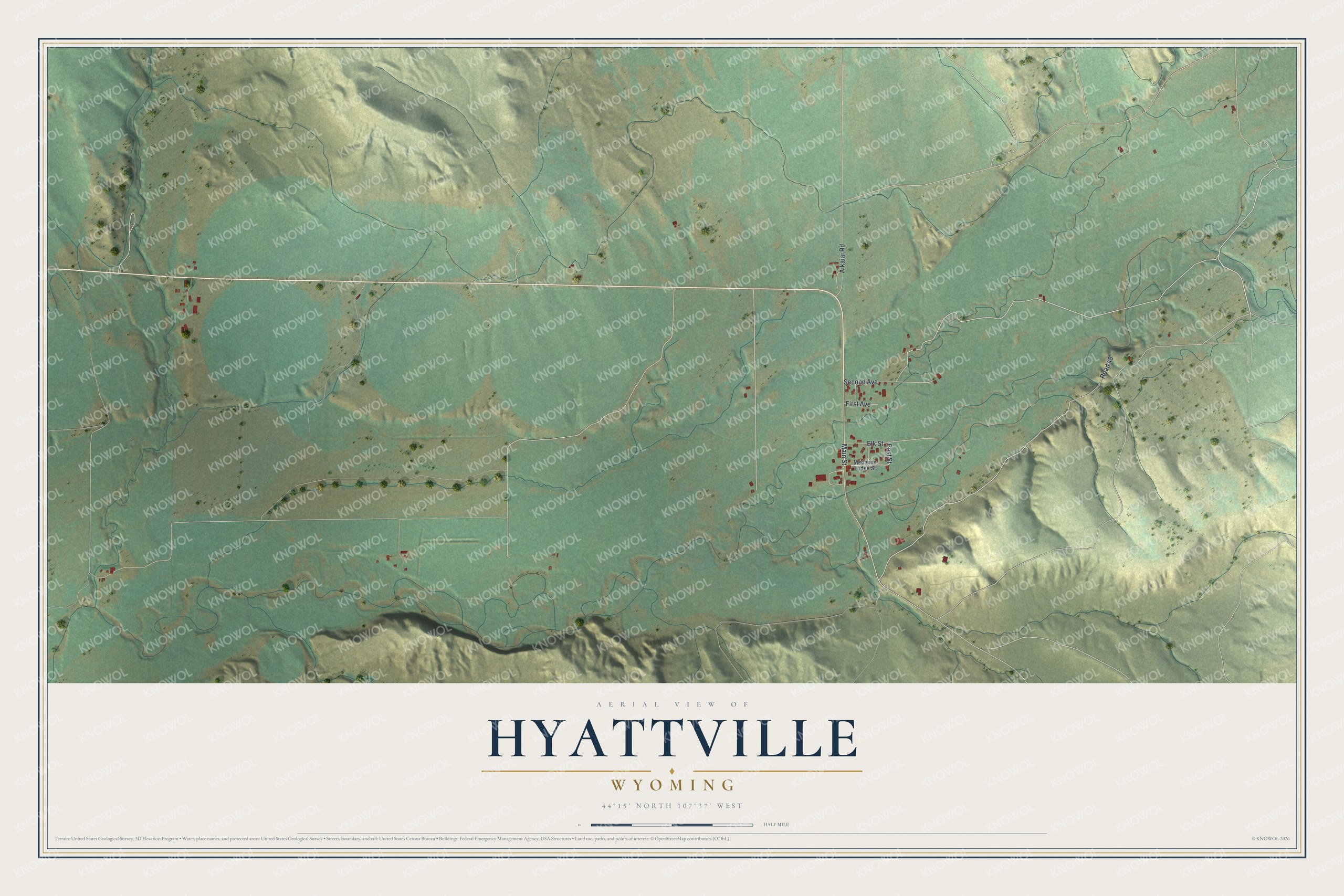 Full map of Hyattville, Wyoming, with red buildings, printed street names and the land around them