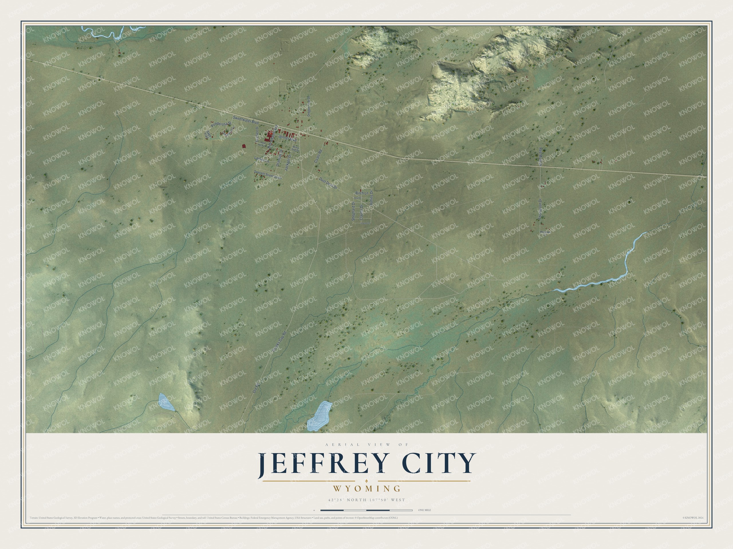 Full map of Jeffrey City, Wyoming, with red buildings, printed street names and the land around them